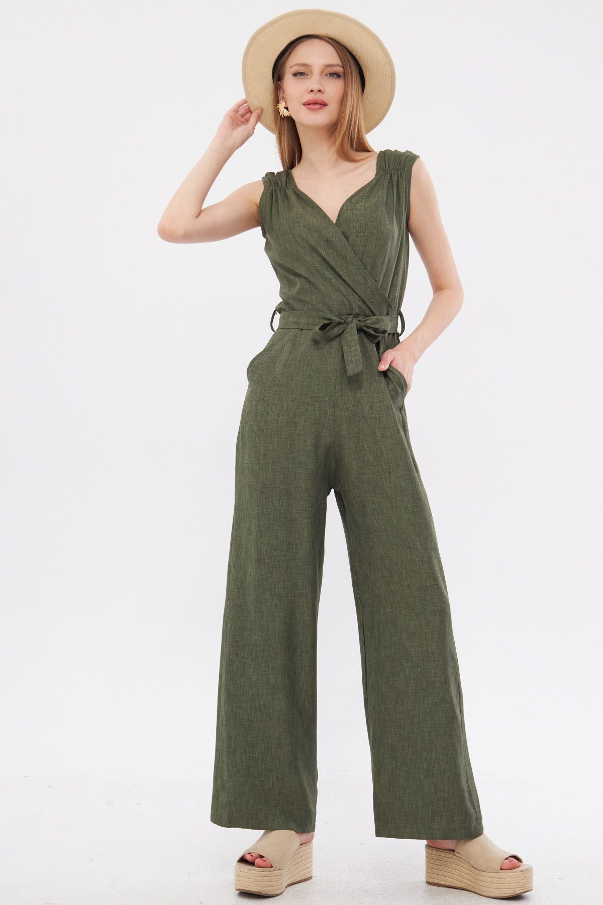 Woman Khaki Cruve Collar Shoulder Shoulder Tire Detailed Red V Born Long Tulum ARM-24Y001049