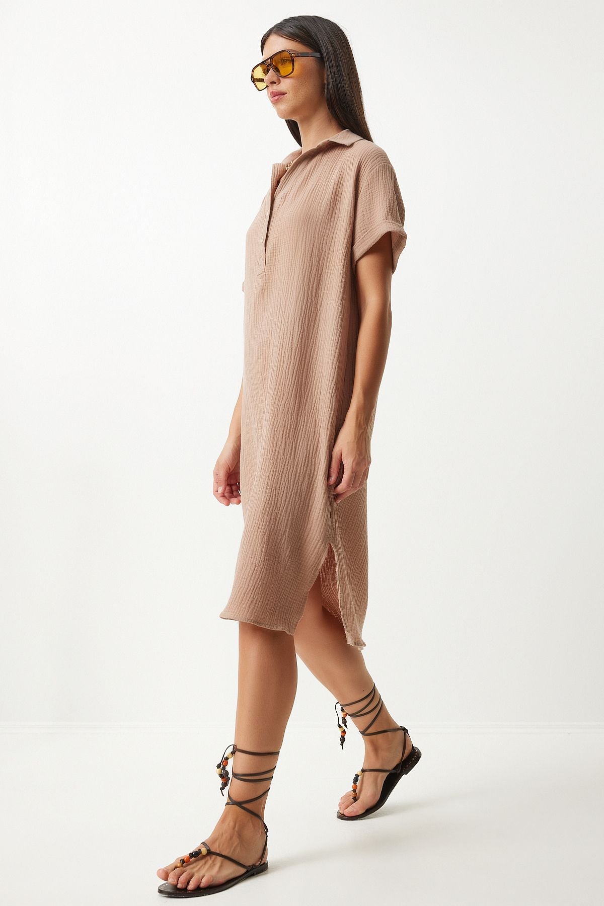 Female Biscuit Polo Yaka Cottage Plenty of Muslin Dress to00135