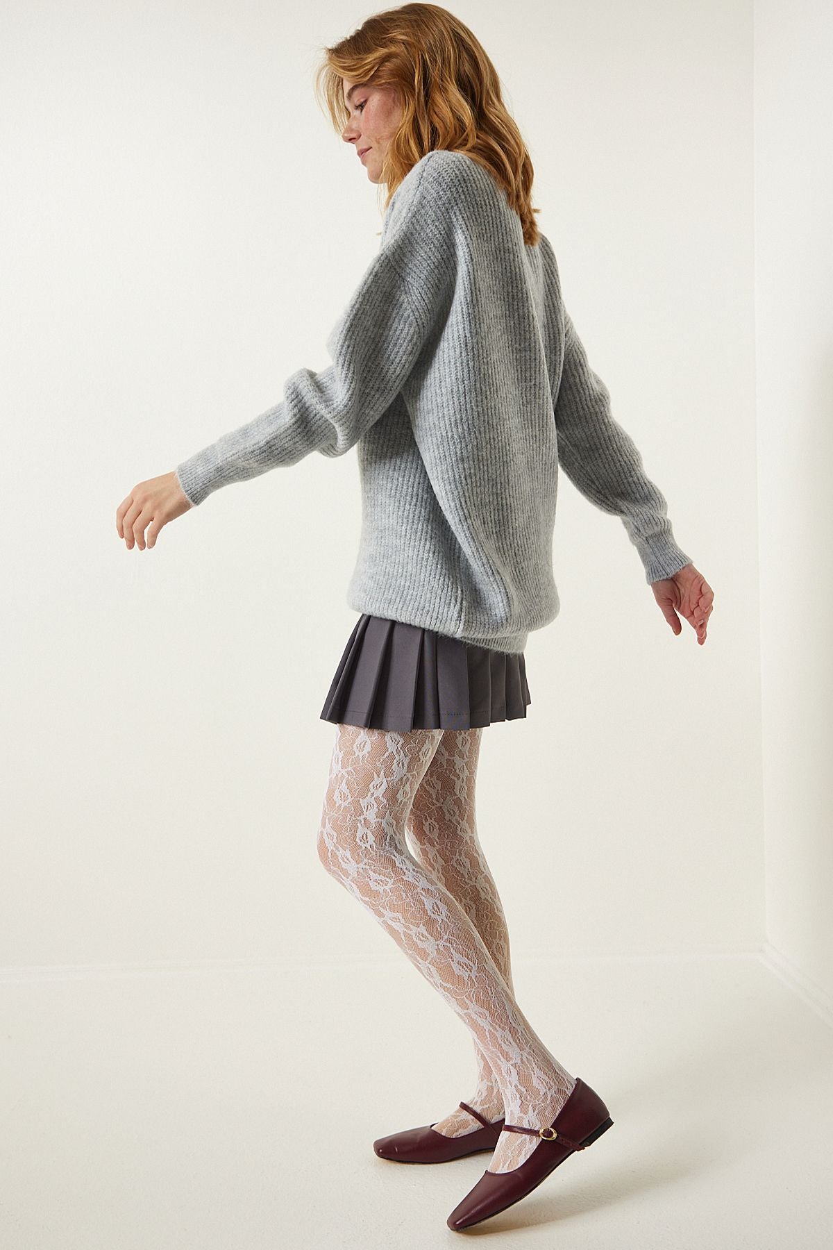 Light Gray Oversize Long Basic Knitwear Kazakh BV00099