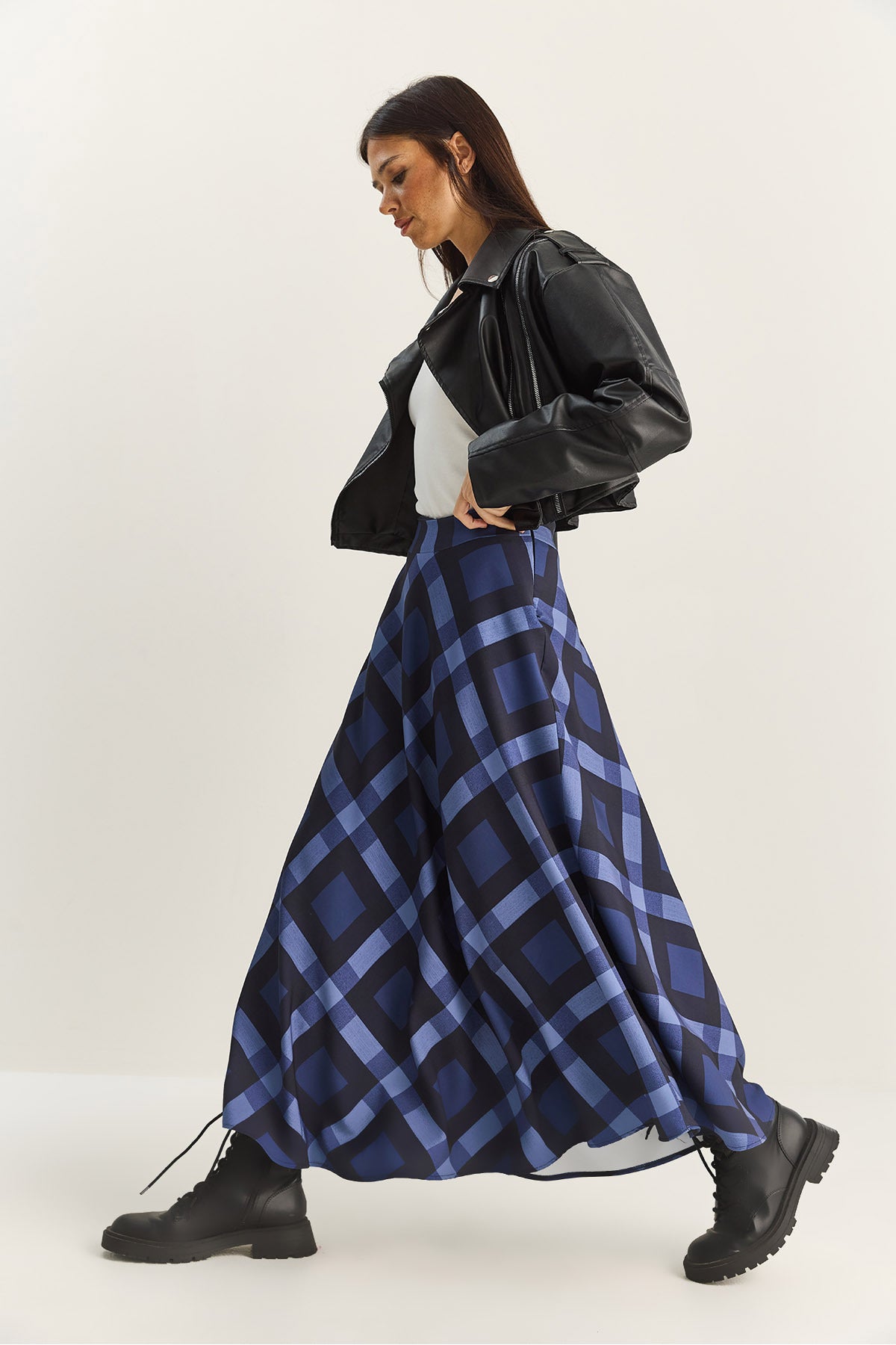 Women's Plaid Patterned Lined Maxi Flared Skirt DE251118 60283879