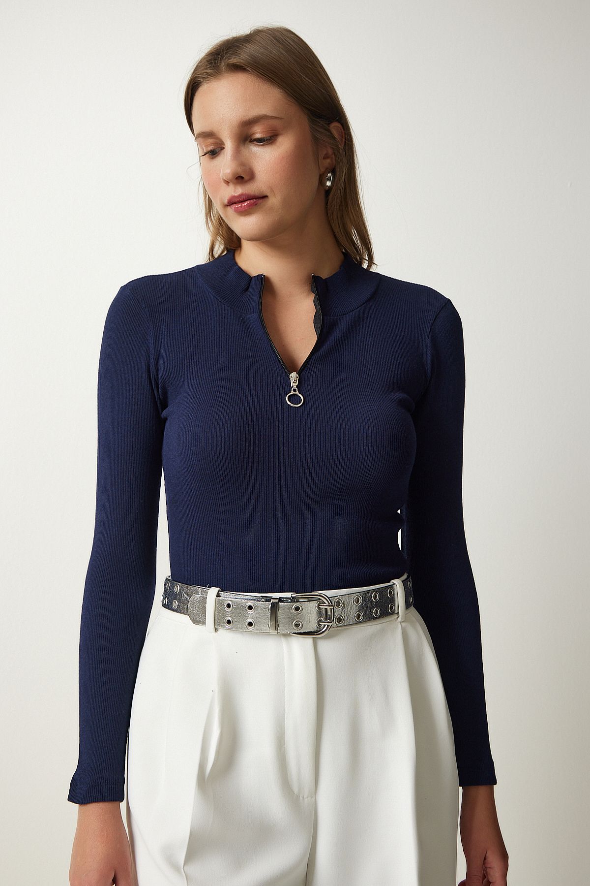 Woman Navy Blue Zippered Neck Knitting Blouse GT00045