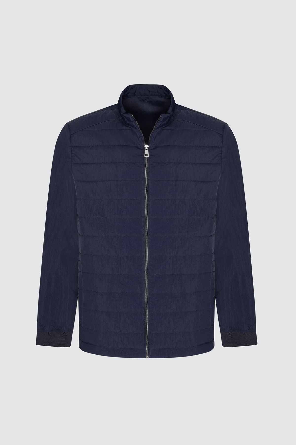 Men's navy blue windproof standard fit normal cut hidden hooded side pocket fine coat