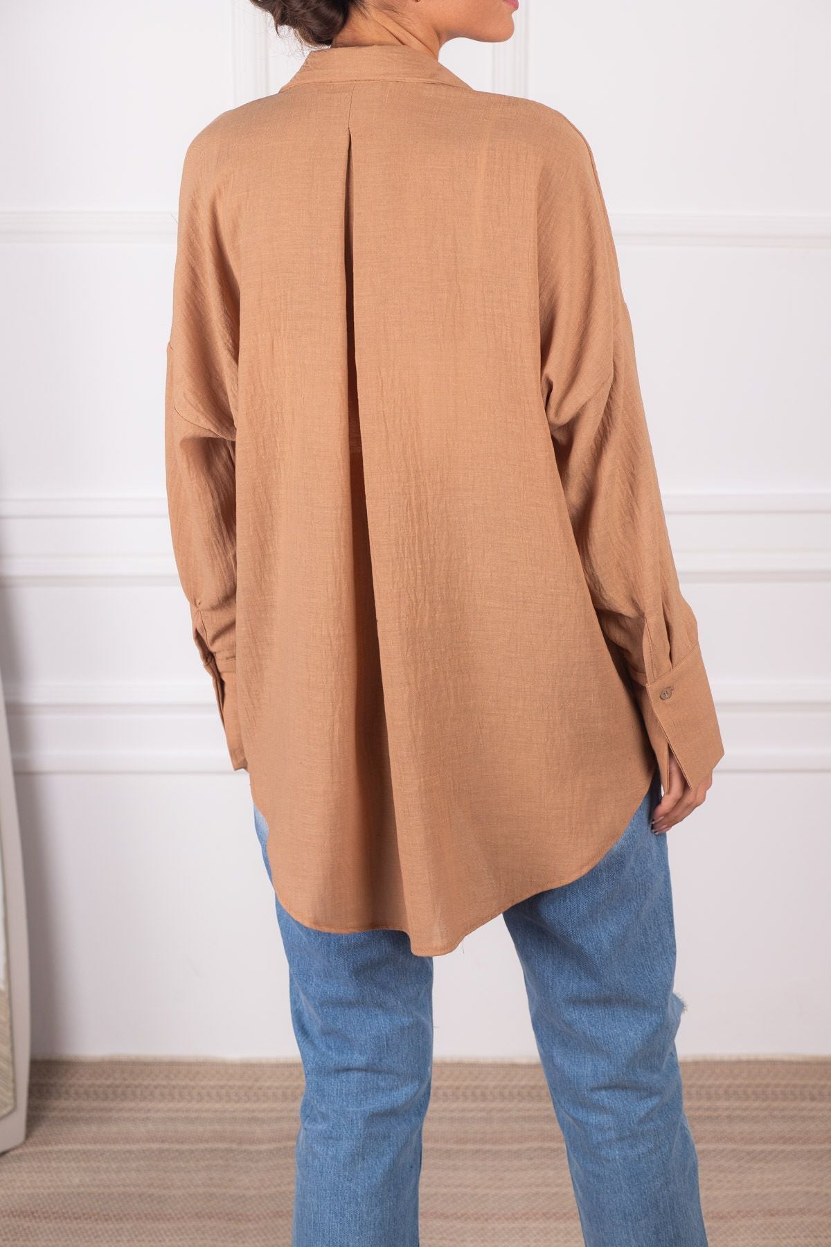 Women Beige Oversize textured linen-looking large cuff shirt ARM-24K001001