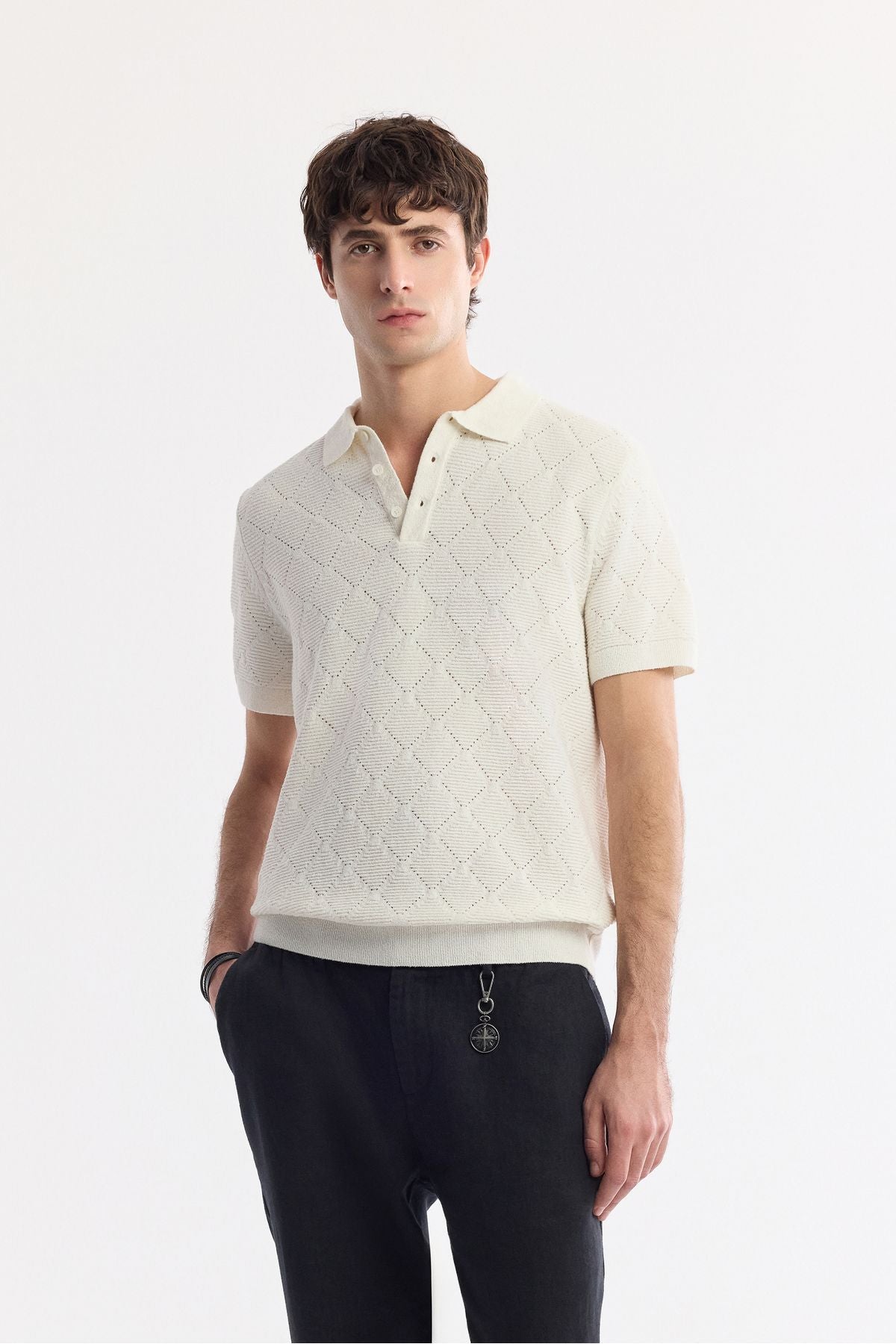 Male Ecru Polo Yaka Jacquard Bouquet Yarn Triko T-shirt A51y5040