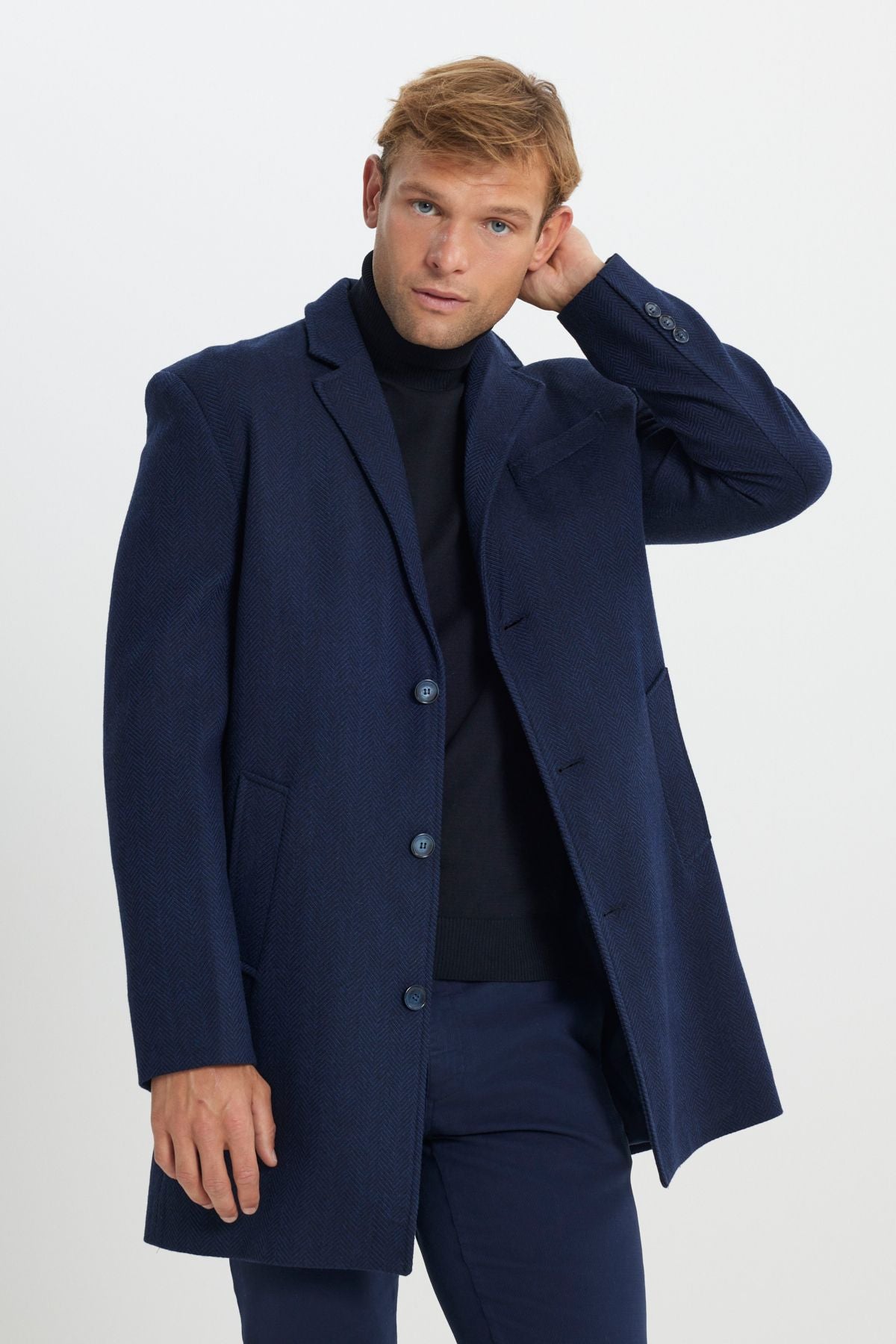 Men's navy blue woolen standard fit Normal cutting mono collar fishering pattern coat with side pockets