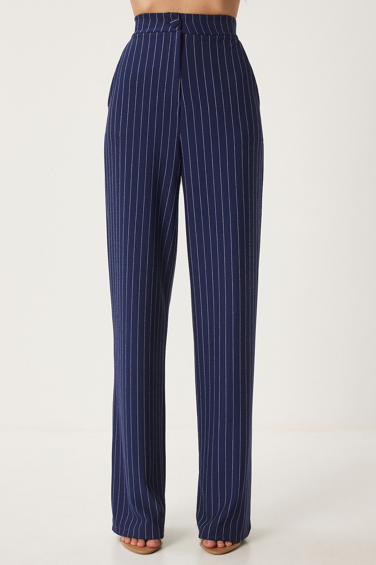 Woman navy blue striped comfortable weaving pants to00158