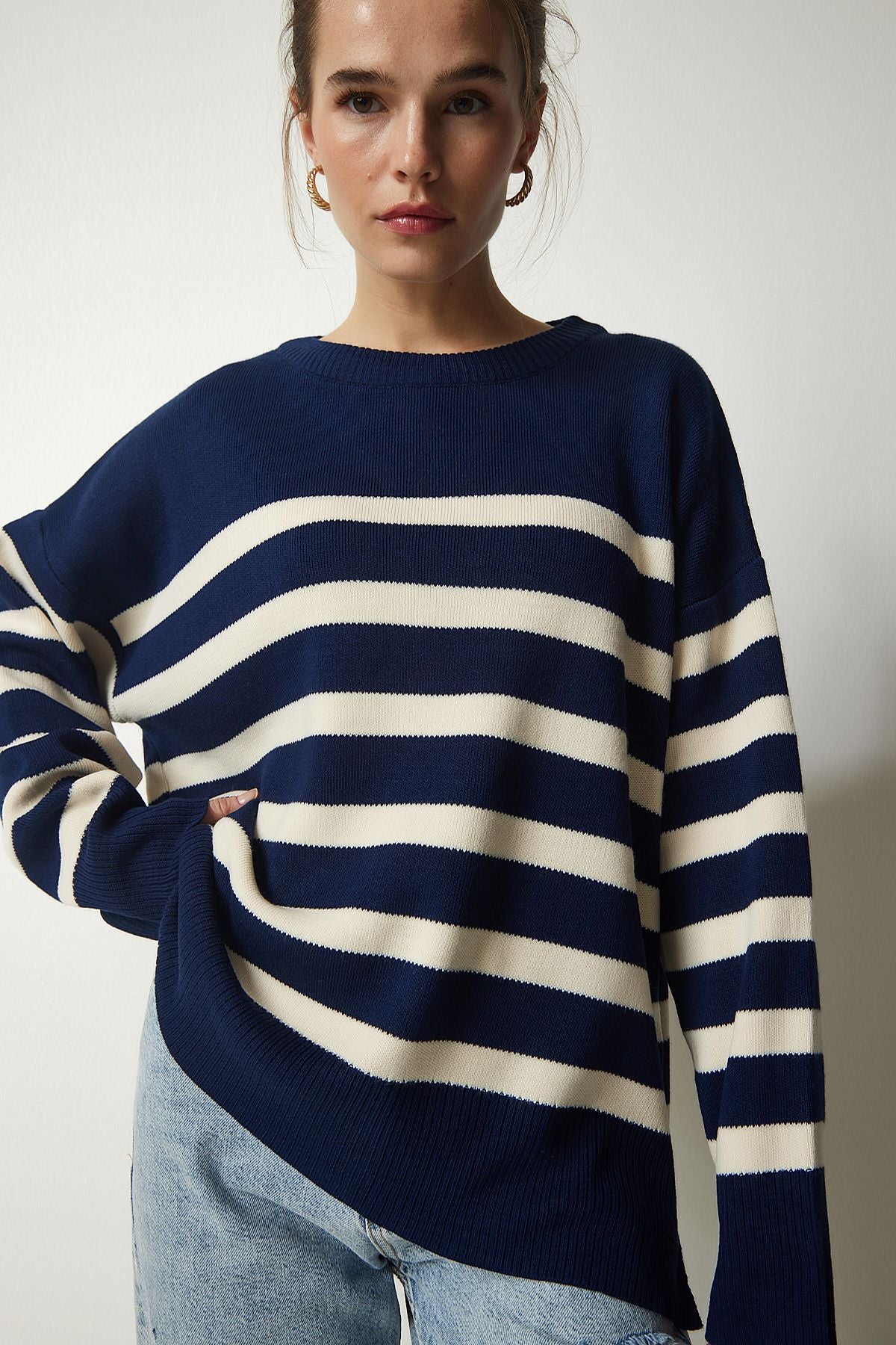 Woman navy blue bone striped oversize knitwear sweater yy00182