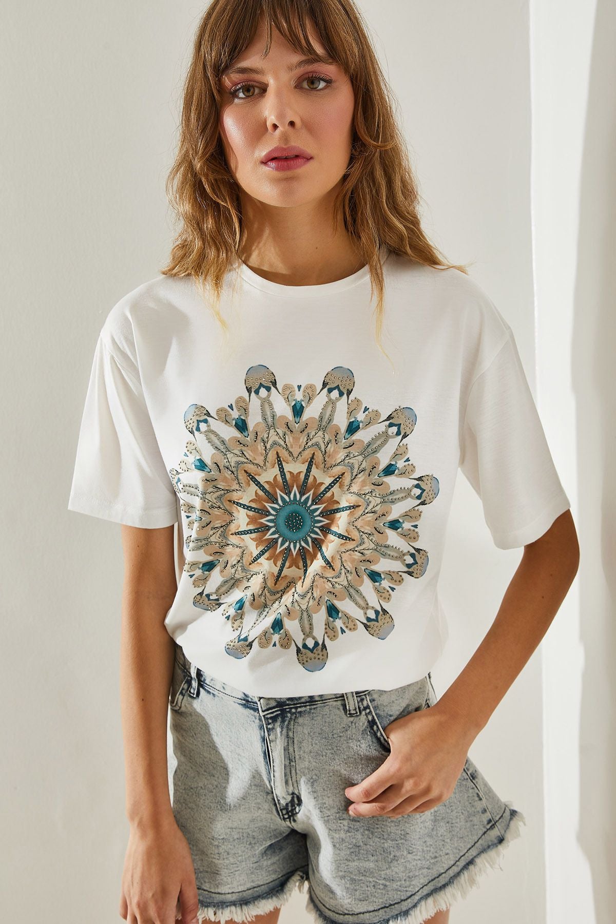 Women's Ethnic Digital Printed Stone Short Sleeve T-Shirt 60251385