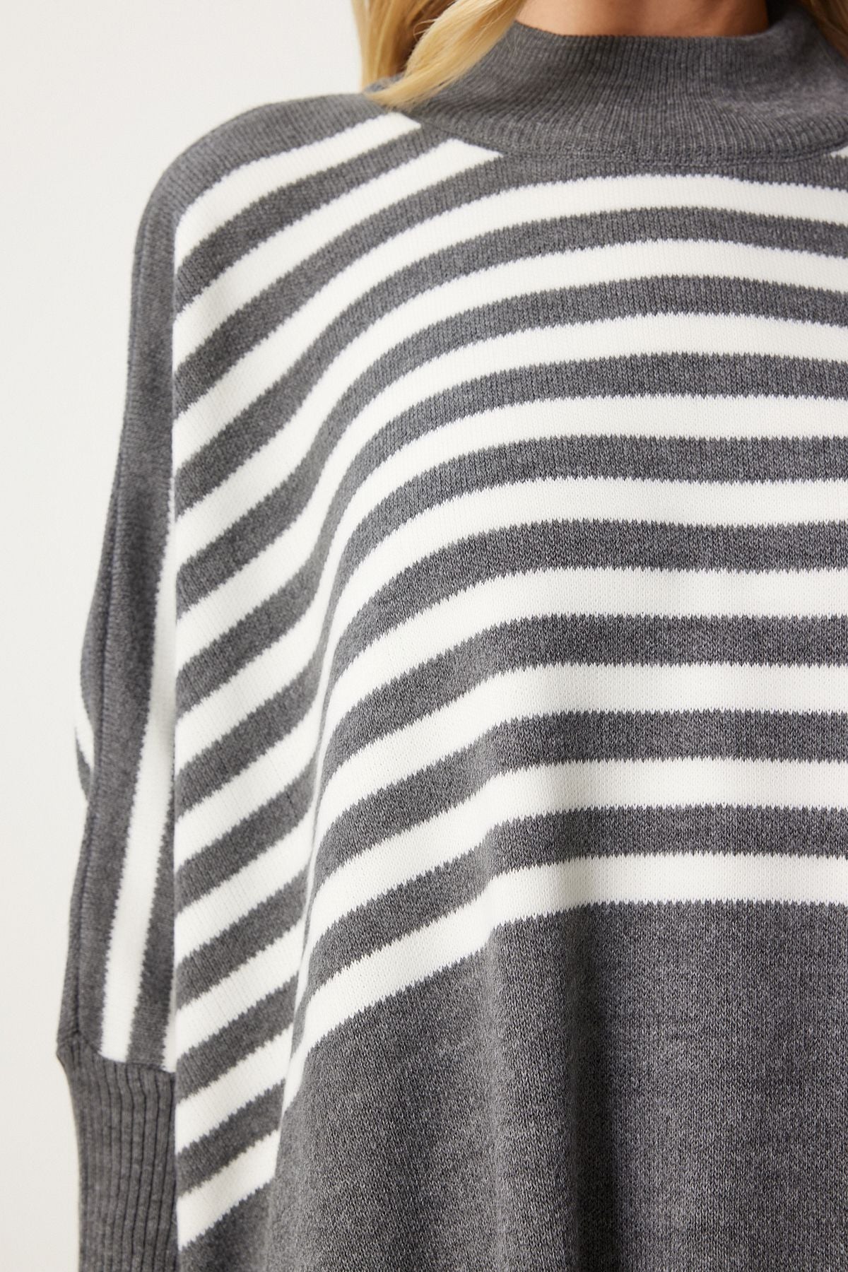 Women's gray striped side slit overlawing poncho sweater DD01336