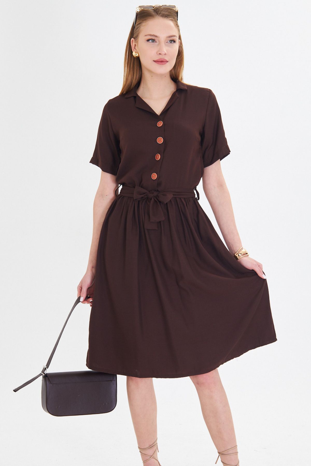 Woman Dark Brown front buttoned waist shirred belt midi size dress ARM-24Y001068