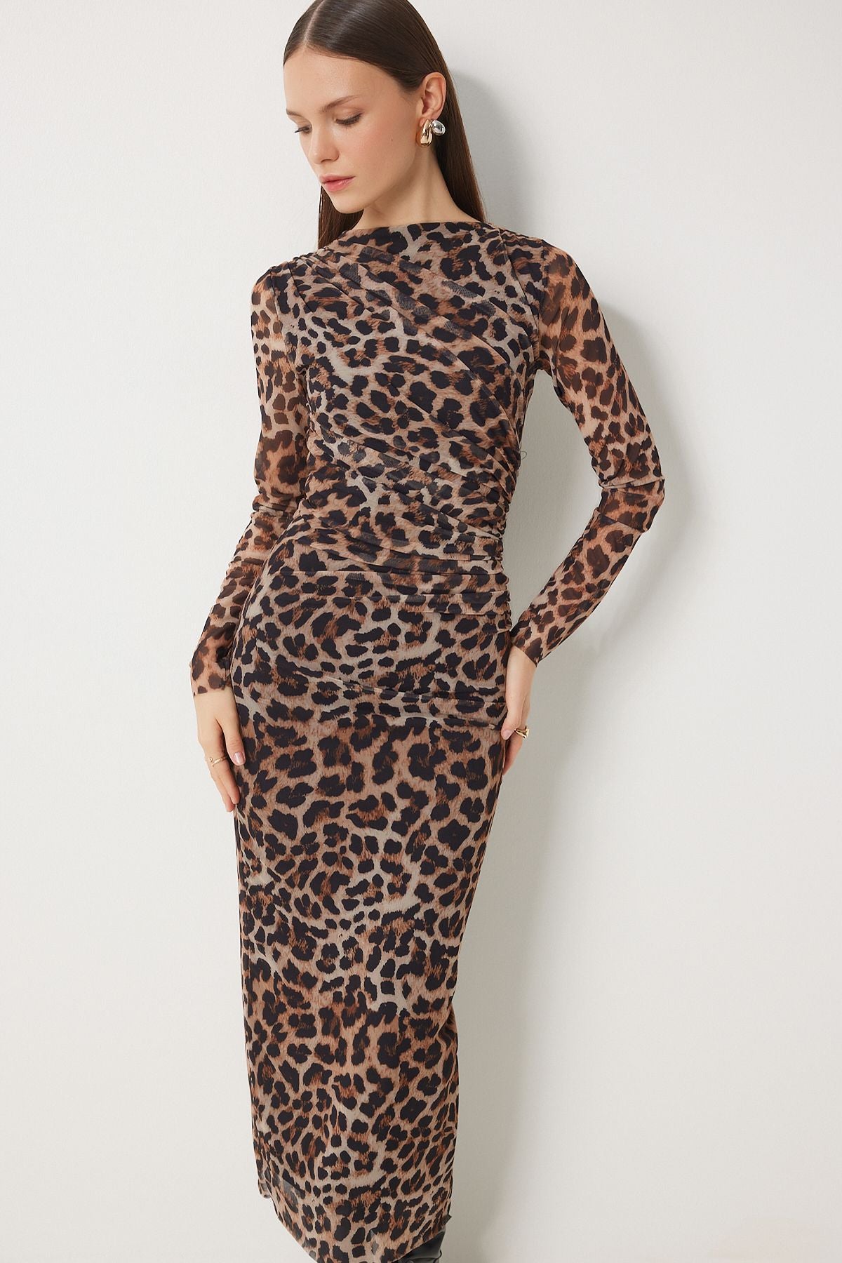 Female Brown Beige Leopard Patterned Patterned Shirred Tulle Dress DK00172