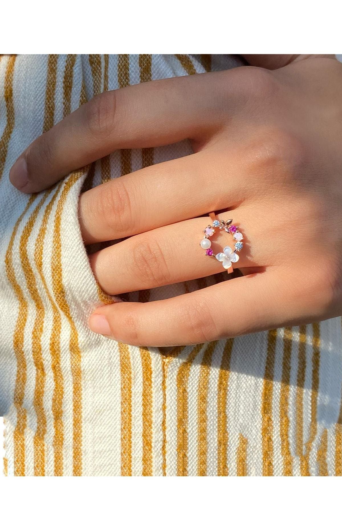Orchid and Colorful Stone 14k Rose Gold Plated Woman Ring