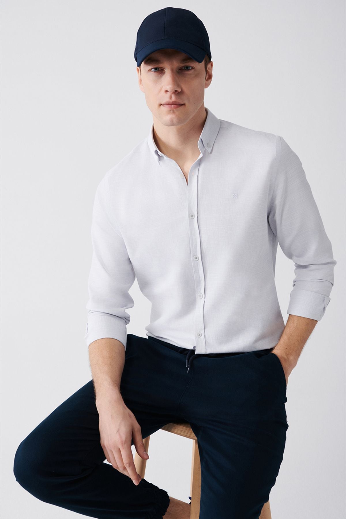 Men's gray button collar soft pennant cotton shirt A31y2015