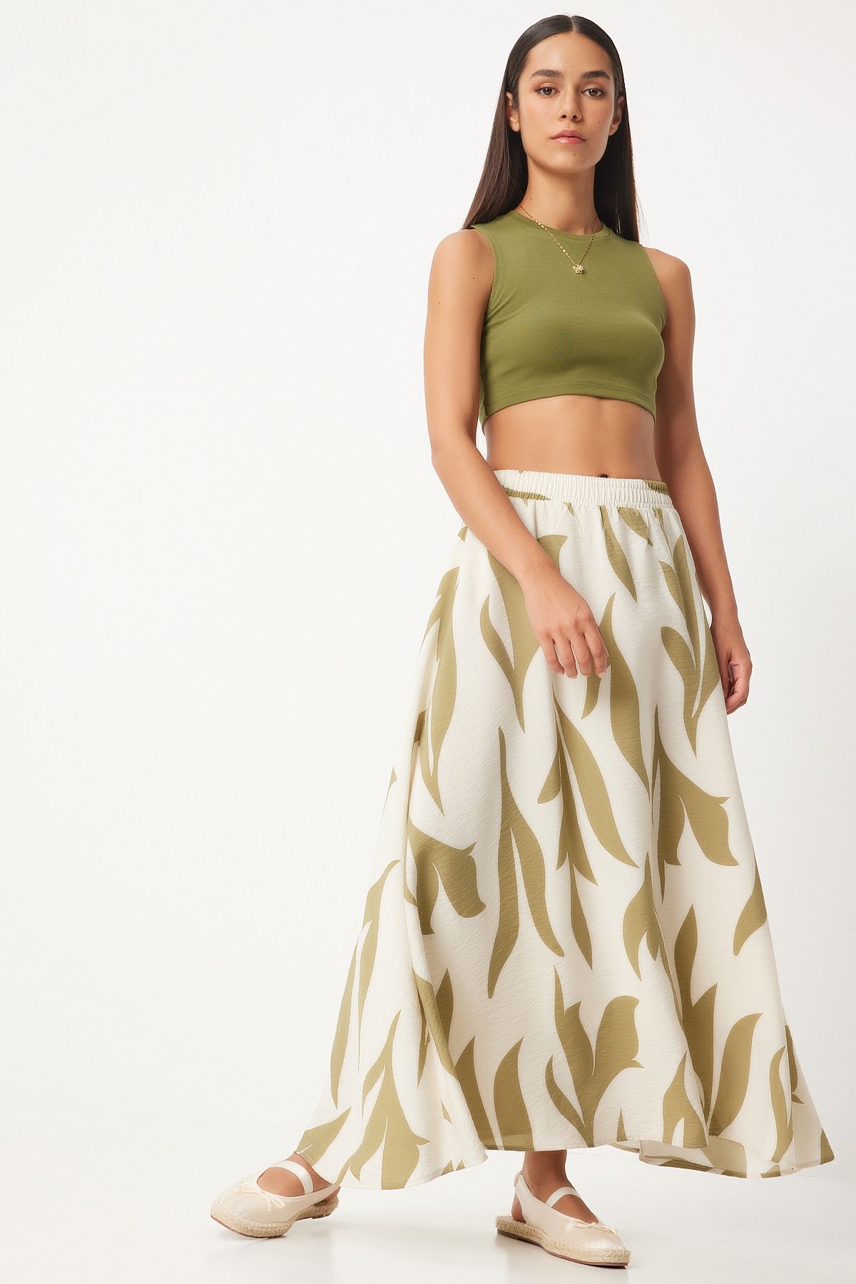 Women's Cream Oil Green Patterned Maxi Skirt DD01333