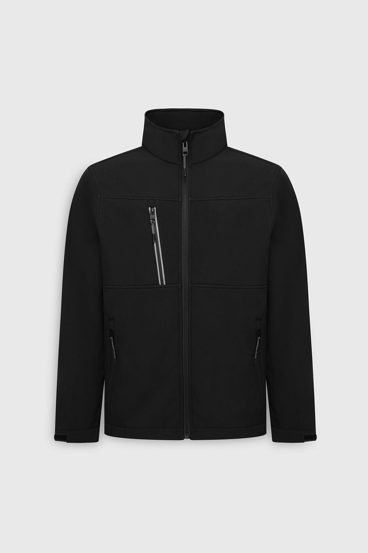 Men's black softshell standard fit normal cut upright collar zipper jacket with side pockets