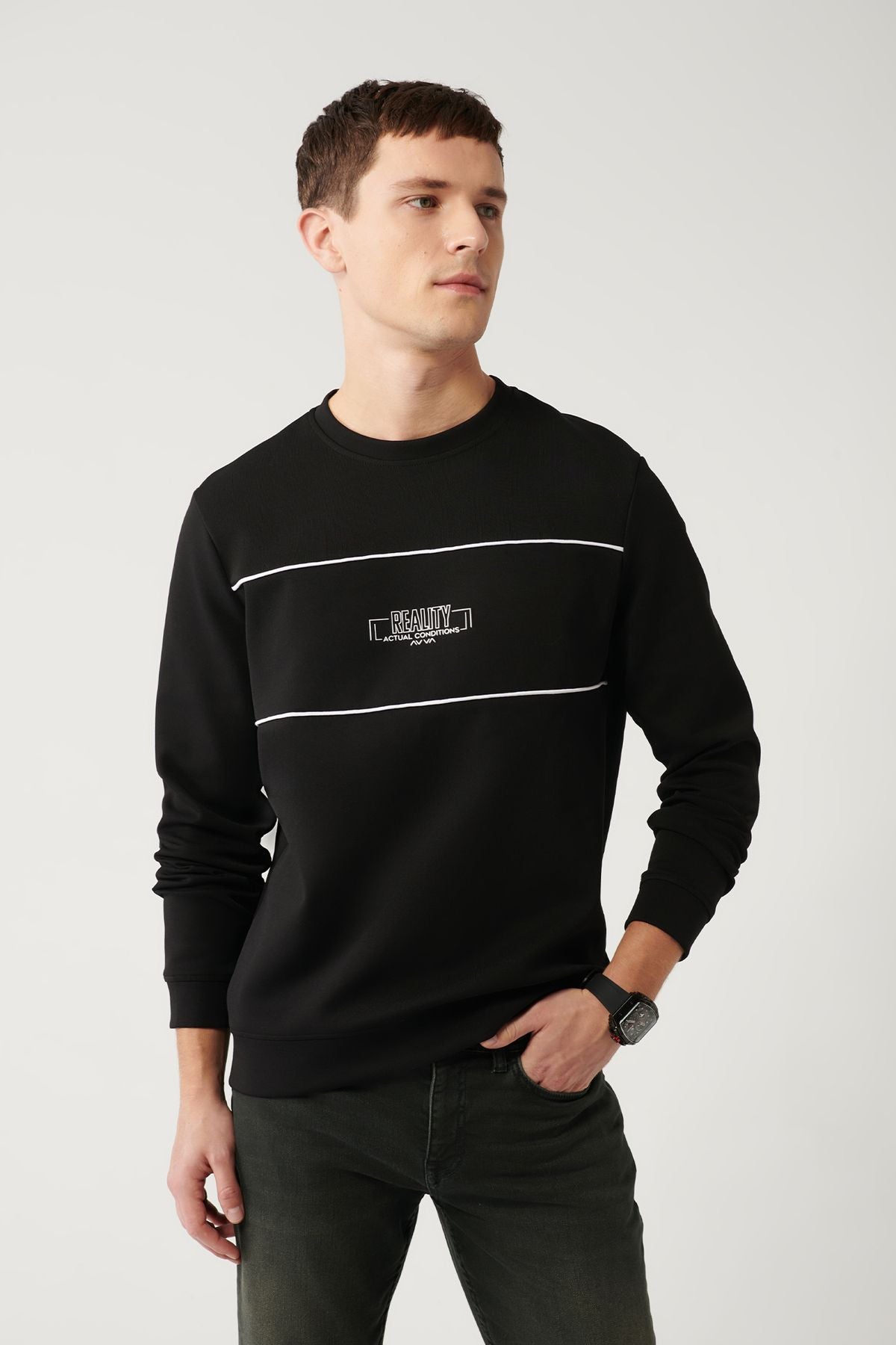 Men's black bike collar interlok fabric chest printed sweatshirt a32y1228