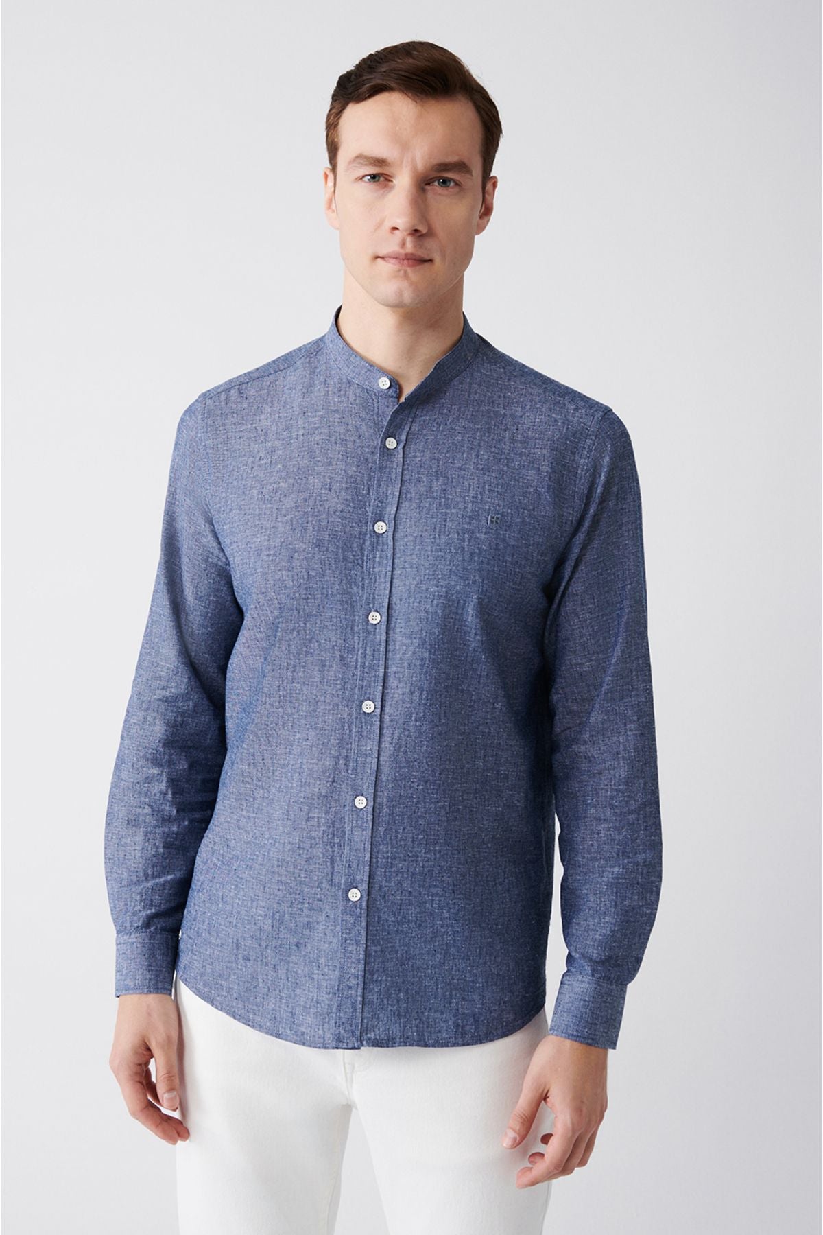 Men's Indigo Judge Yaka Linen Mixed Shirt B002027