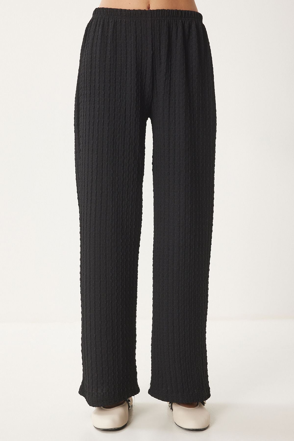 Women's black textured kimono pants knitting set an00217