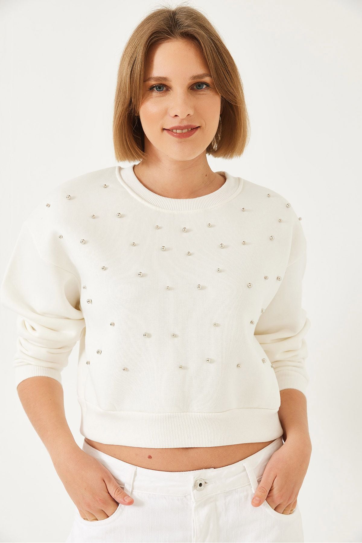 Female bike in front of the collar with pearls three yarns Sweatshırt 60601041