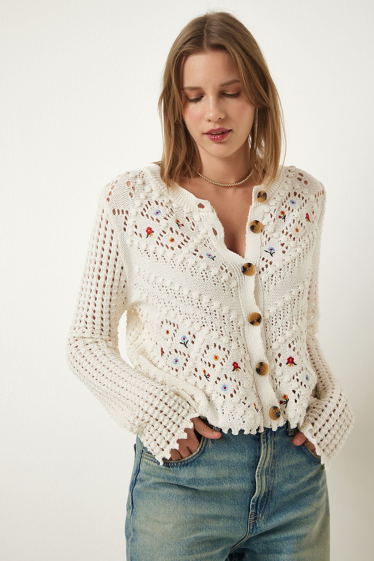 Cream Flower Embroidered Textured Seasonal Triko Cardigan ES00147