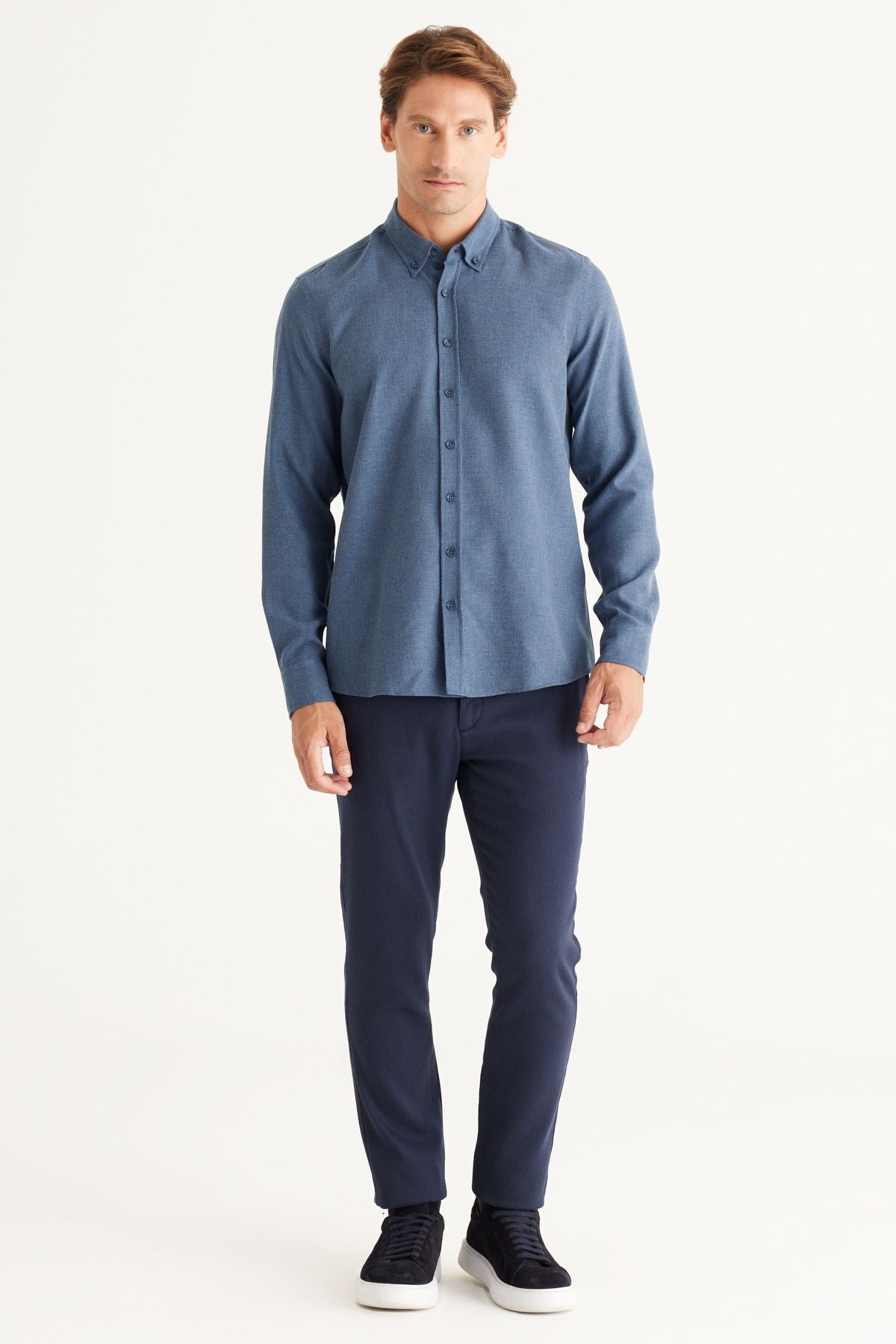 Men's indigo slim fit narrow cut buttoned collar cotton flannel wood shirt