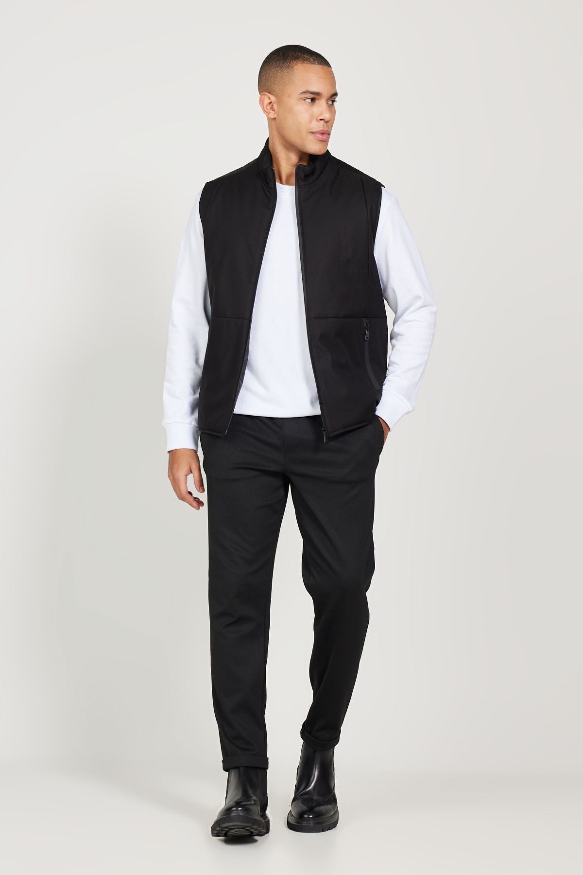 Men's black standard fit Normal cut upright collar vest