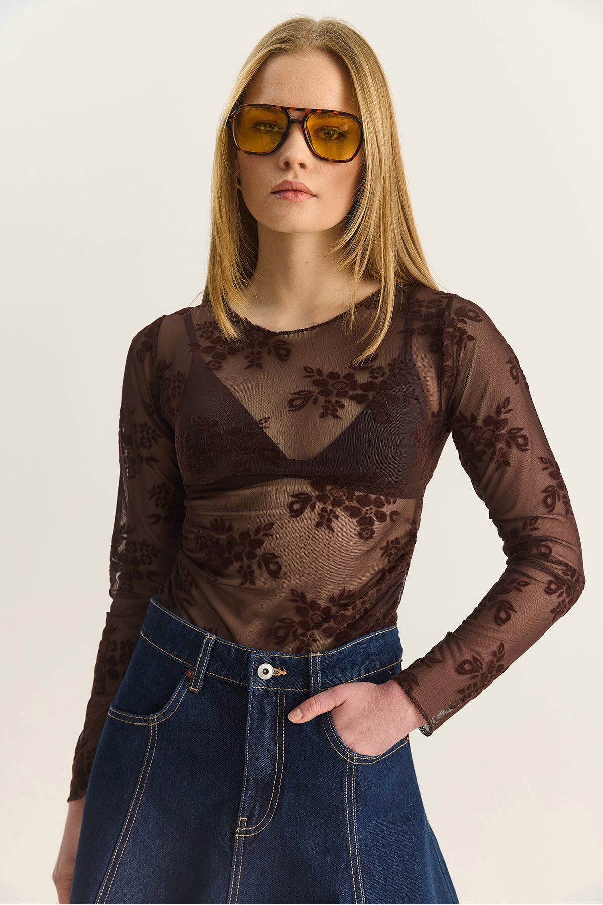 Women's Crew Neck Gathered Sides Patterned Transparent Tulle Blouse 6114 60283926