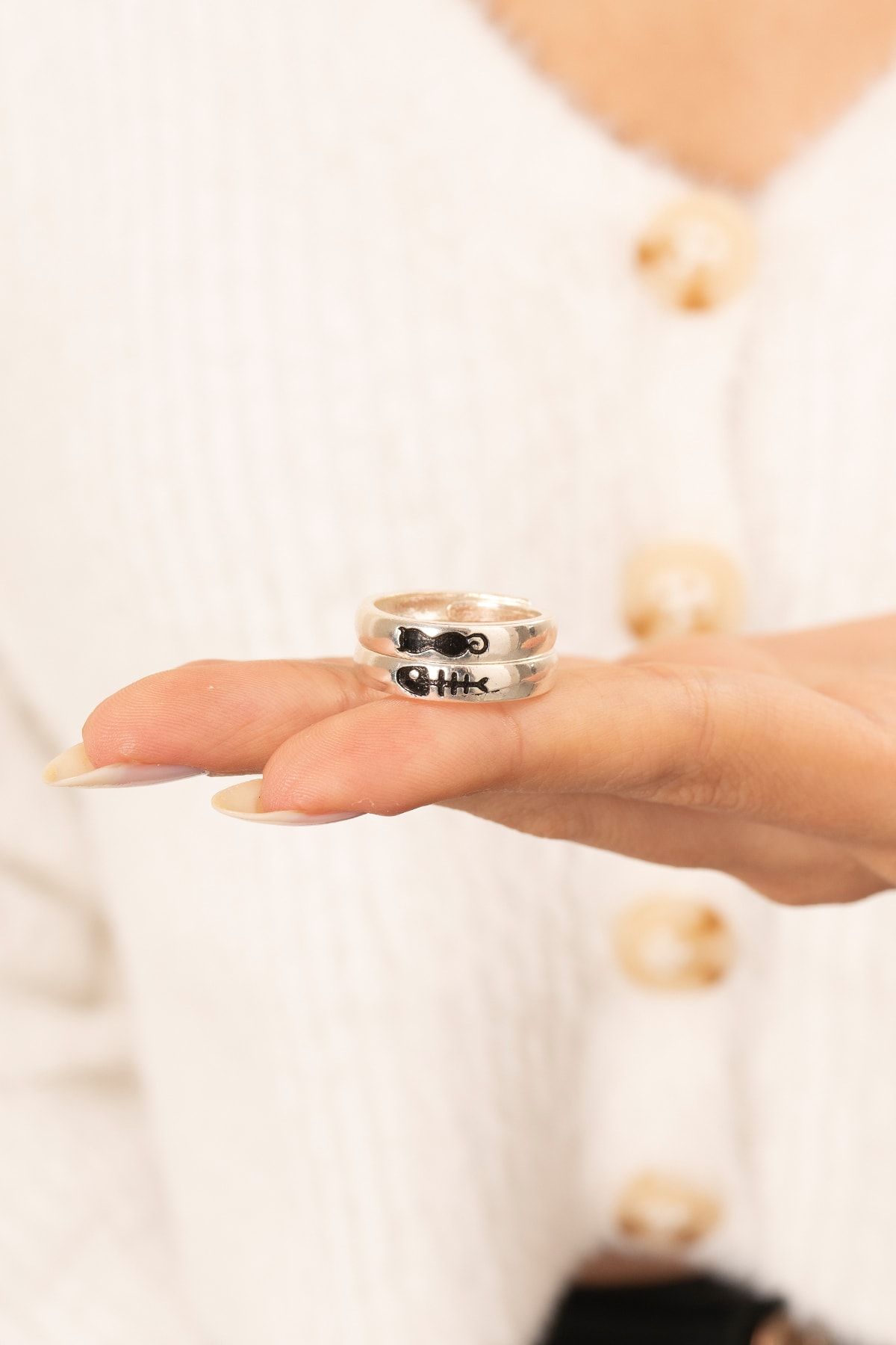 Cat and fish figure silver plated adjustable double wedding rings ring