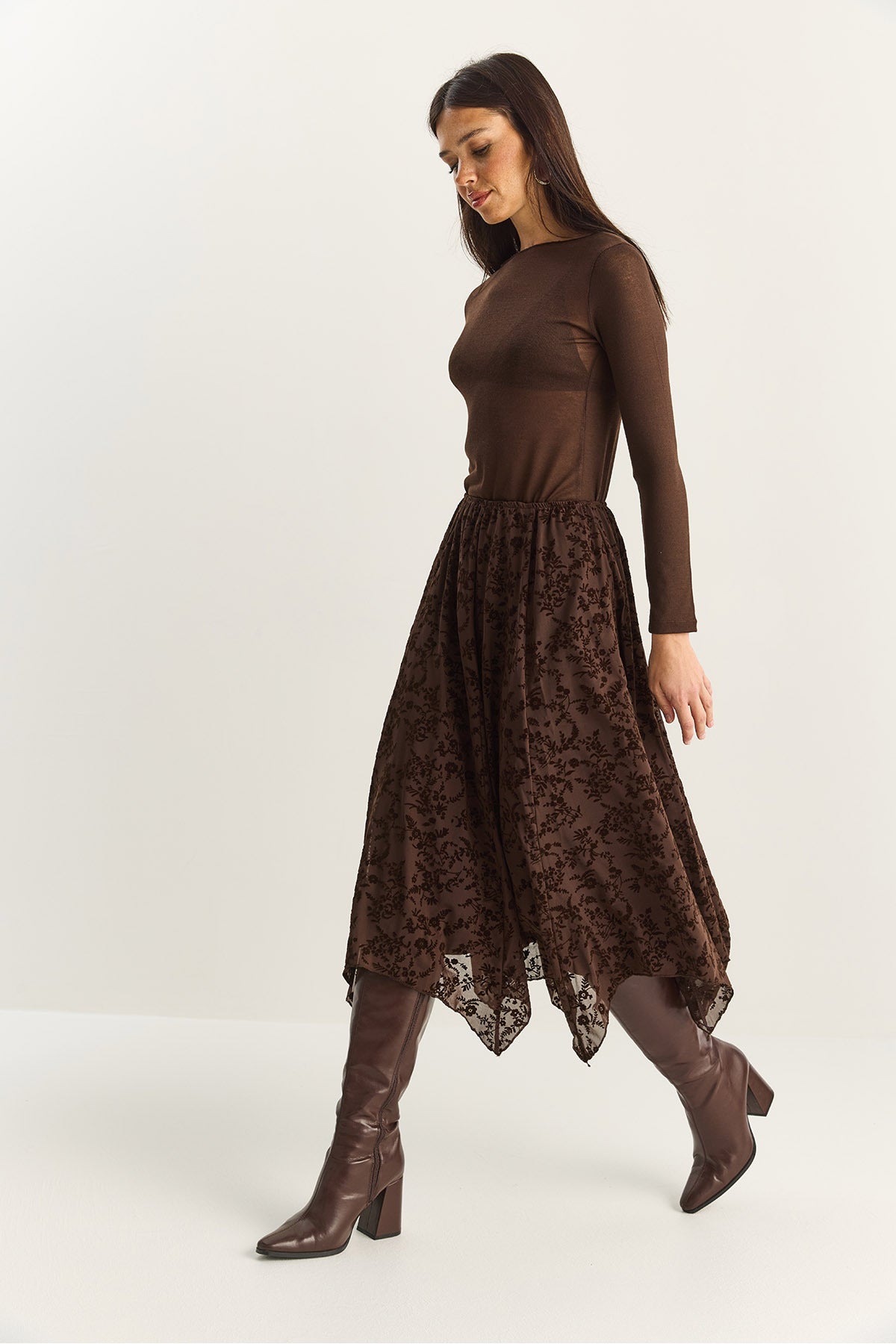 Women's Velvet Patterned Lined Asymmetrical Cut Midi Skirt with Elastic Waist DE251125 60283880