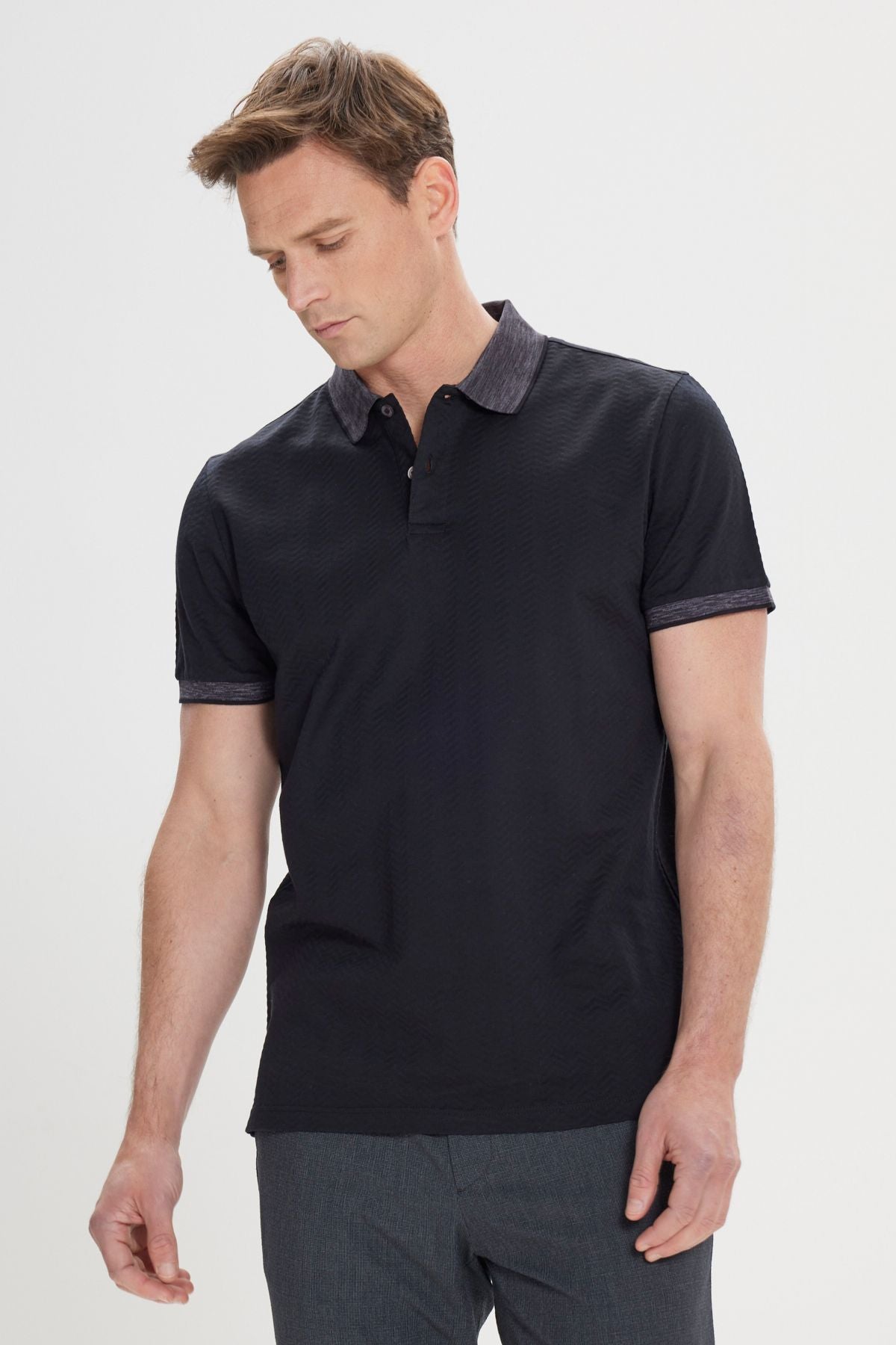 Men's Black-Antrasite Slim Fit Narrow Cutting 100 %Cotton Jacquard Polo Yaka T-shirt