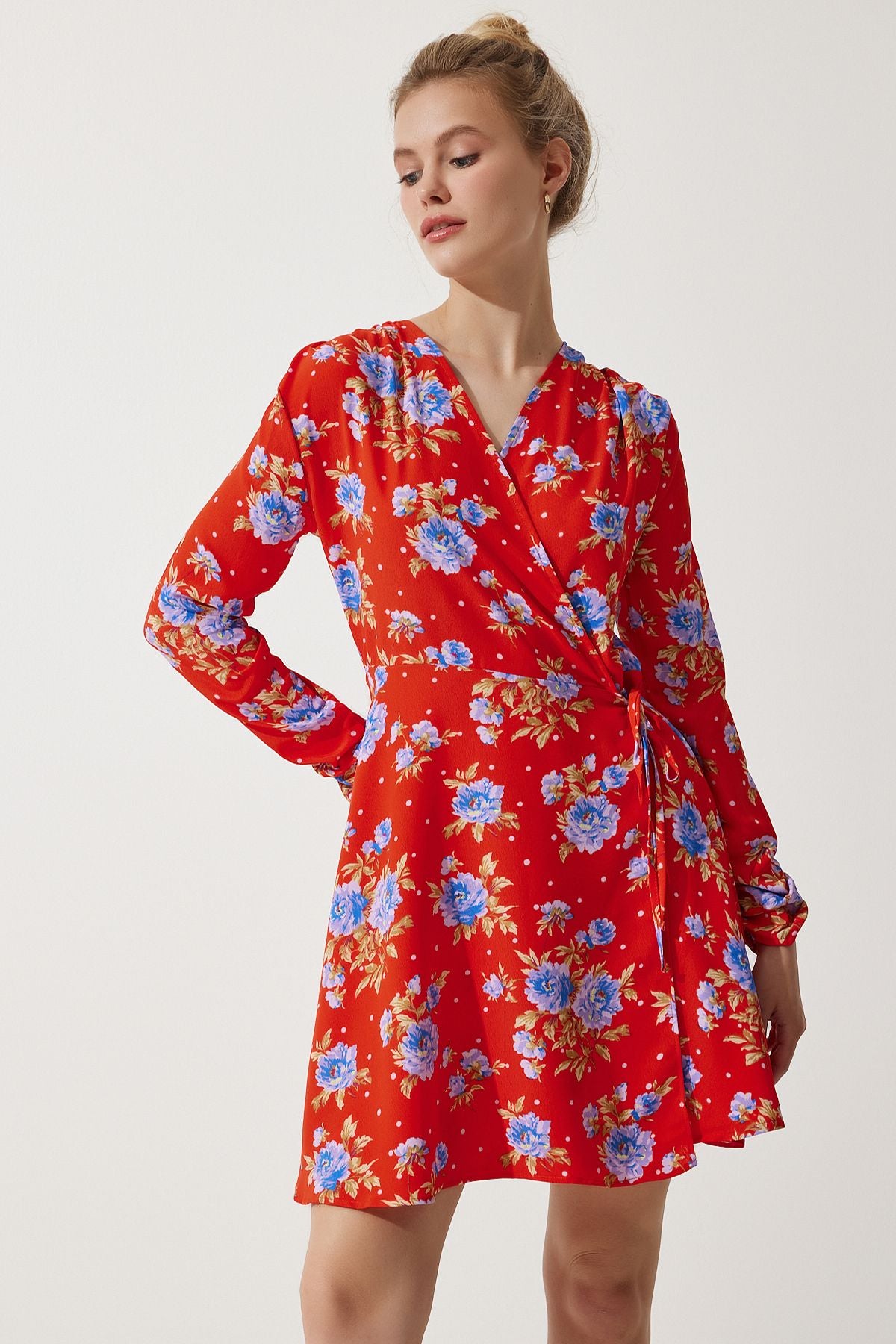 Woman Red Flower Mini Anvelop Chiffon Dress UB00274