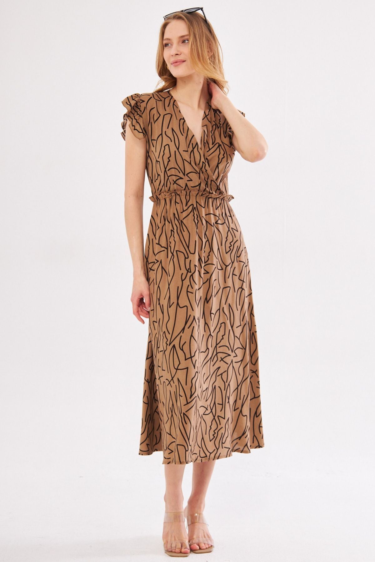 Female mink stomach dress cruve collar shoulder frilly detailed waist midi midi height ARM-24Y001020
