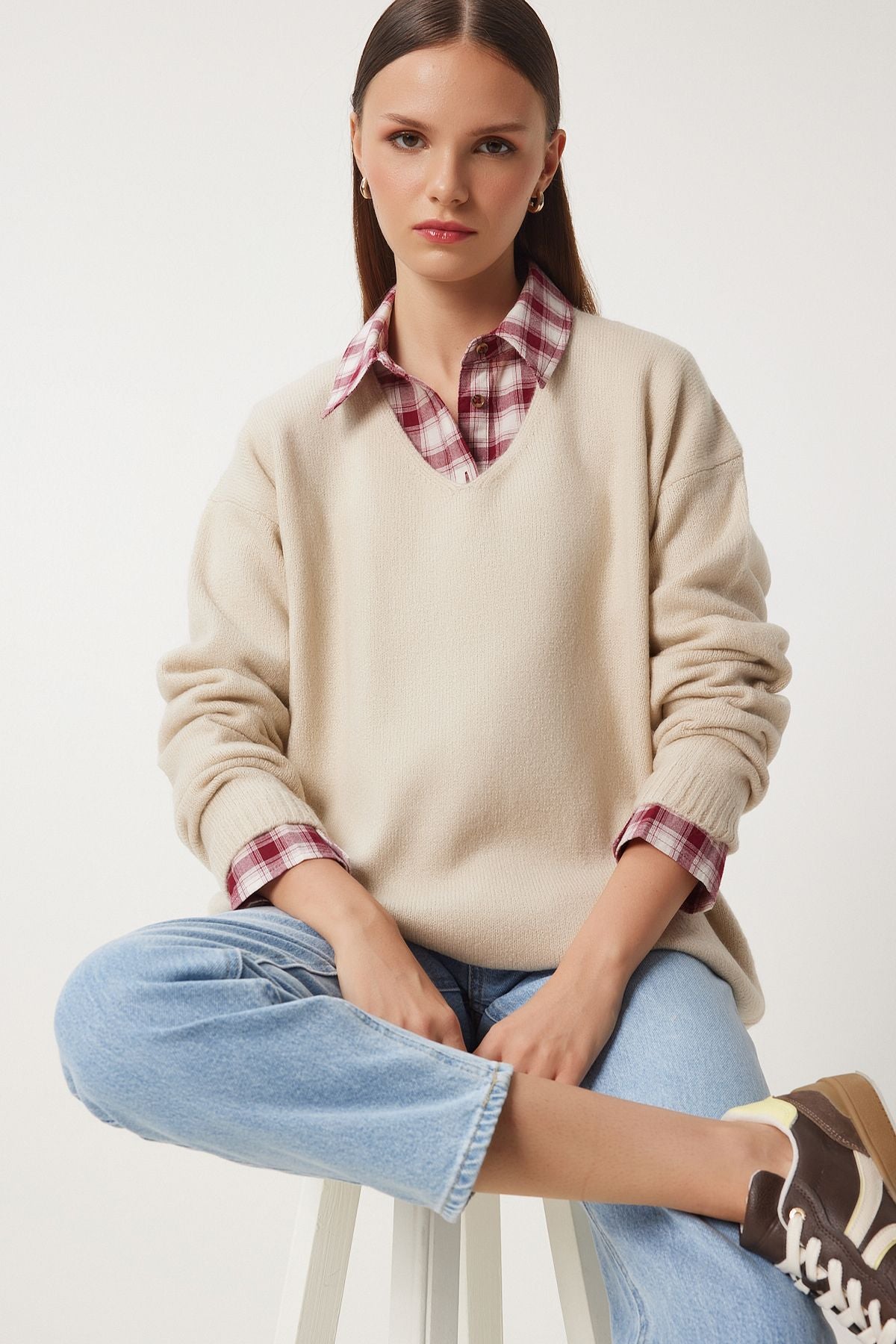 Female Beige V Yaka Knitwear Kazakh ZA00063