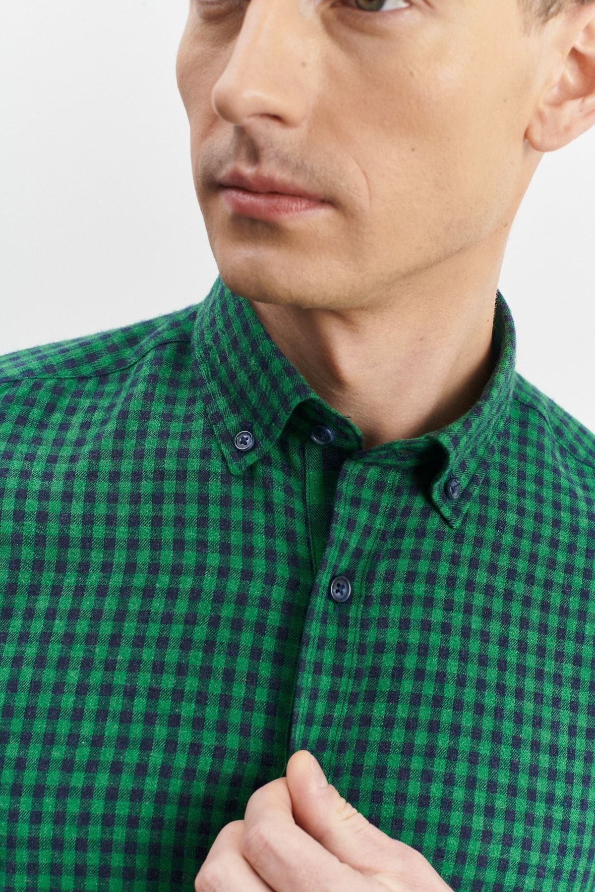 Men's green-lacivert slim fit narrow cut buttoned collar pötikareli flannel shirt