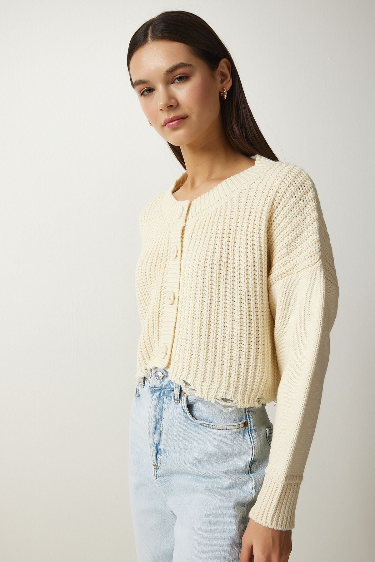 Women's Cream Roofed Crop Knitwear Cardigo PF00054