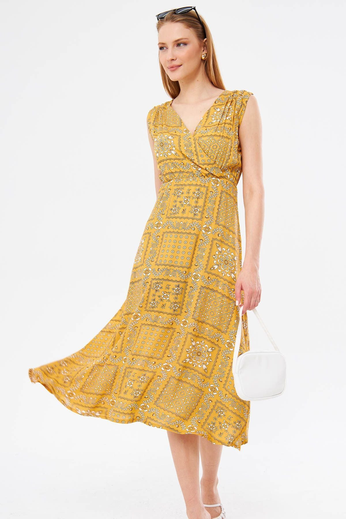 Female mustard patterned waist and shoulder tire cruve collar midi height skirt dress ARM-24Y001052