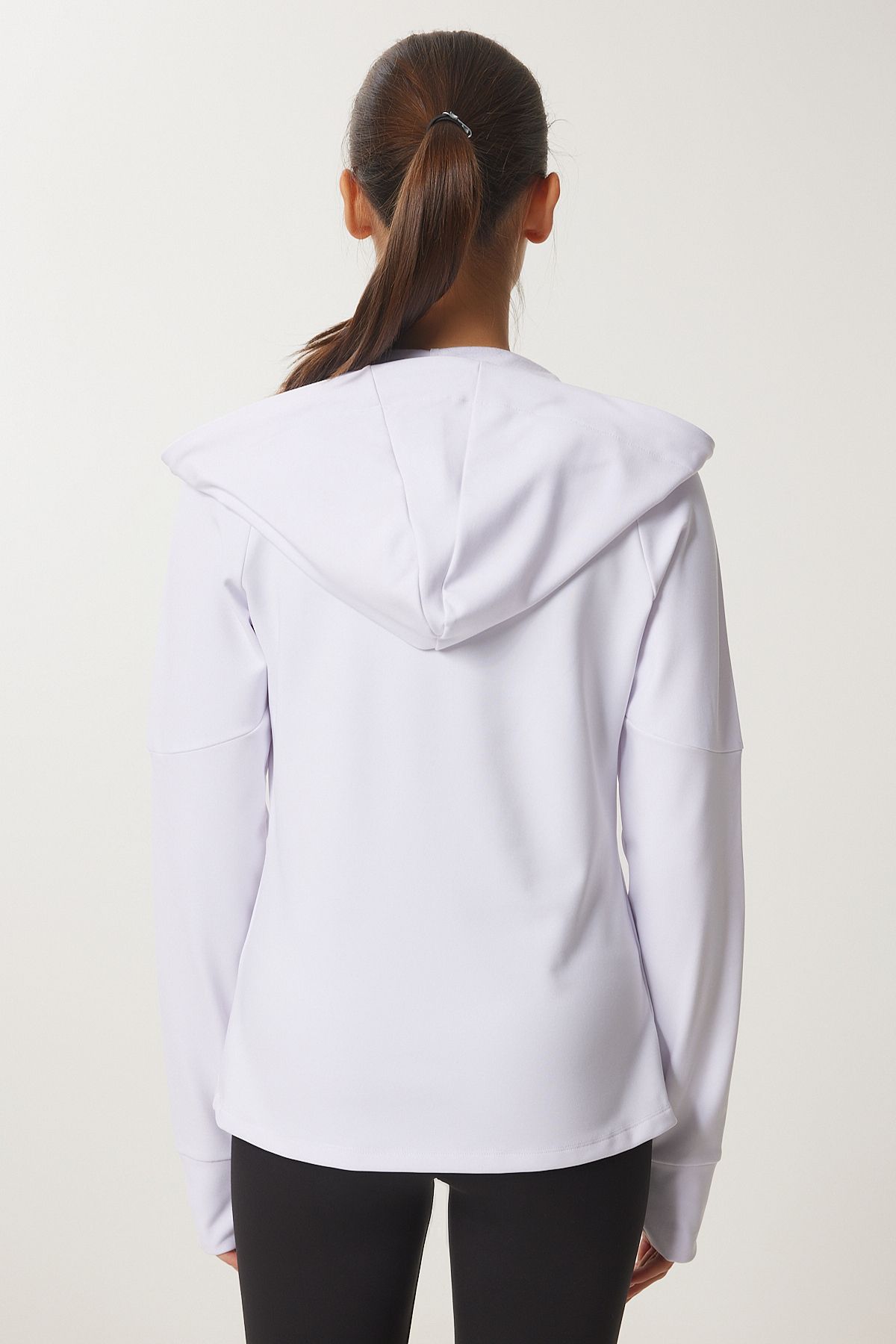 Women's White Finger Detailed Hooded Zipper Knitting Sweatshirt VX00007