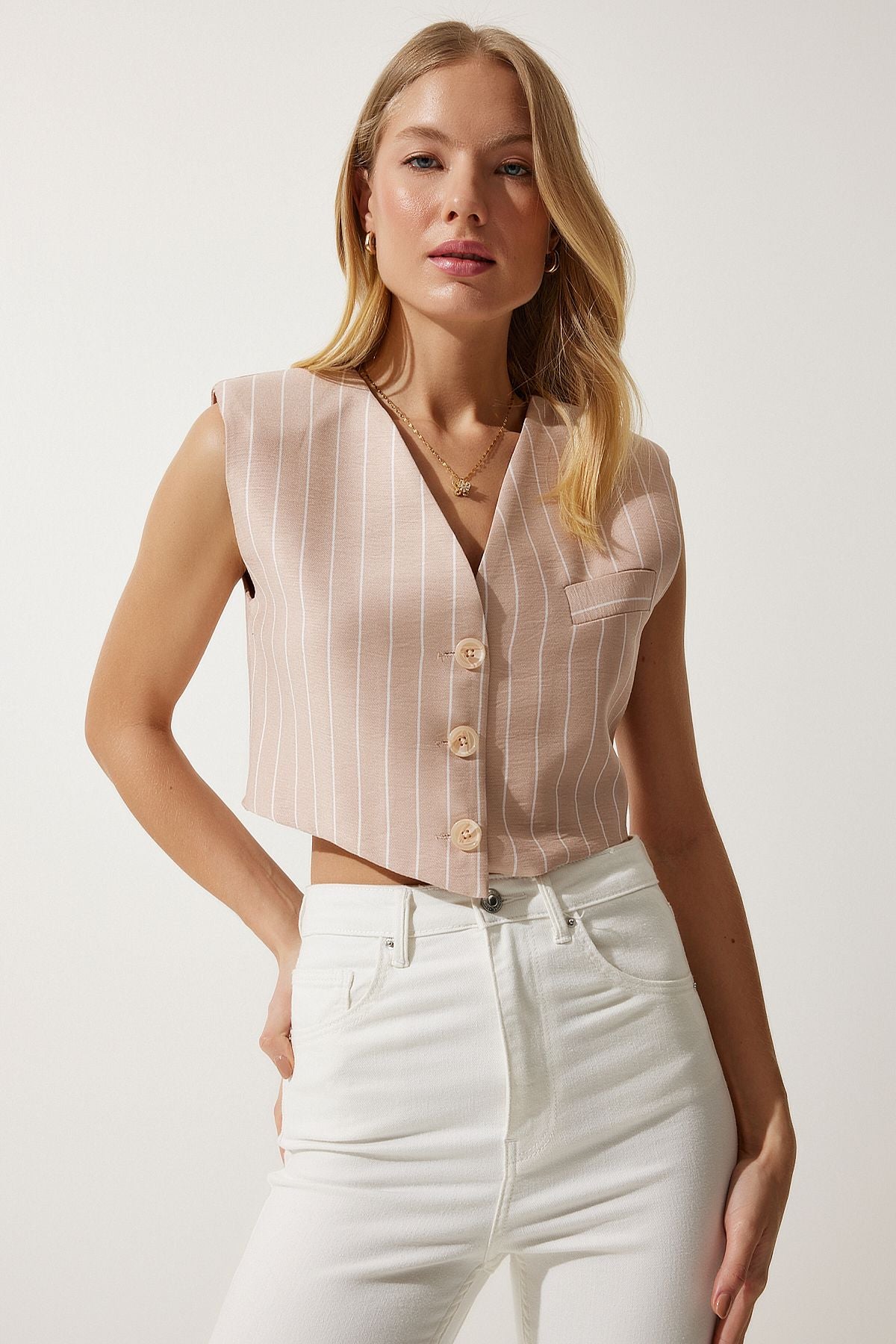 Female Powder Striped Mini Woven Vest To00125