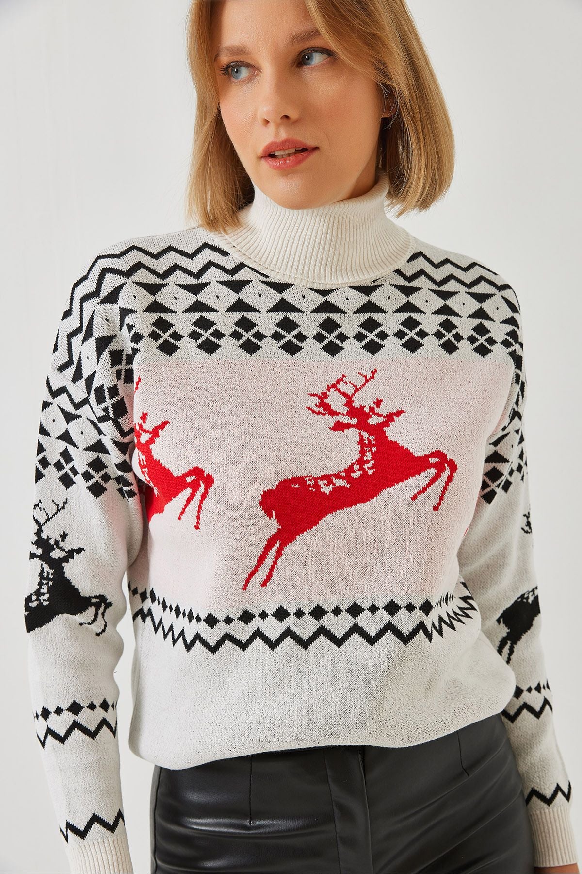 Female Fisherman Neck Deer Patterned Knitwear Kazakh 20246224