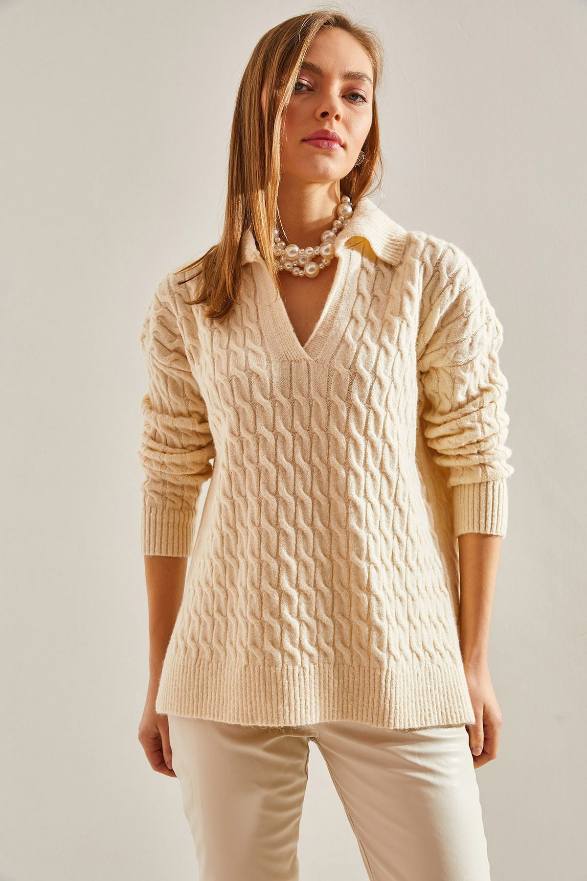 WOMEN V -neck patterned knitwear sweater