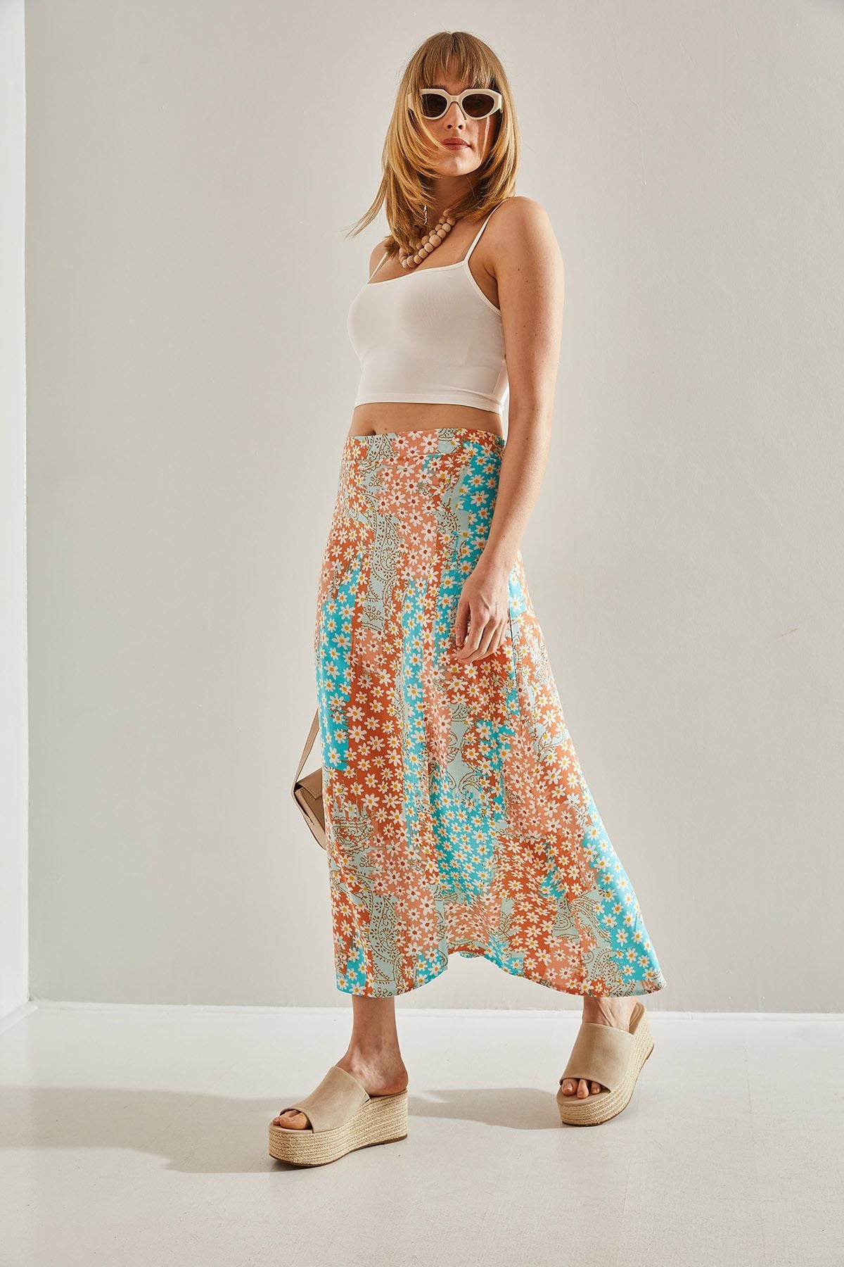 Women's turquoise-orange side hidden zipper slitted floral skirt 60251034