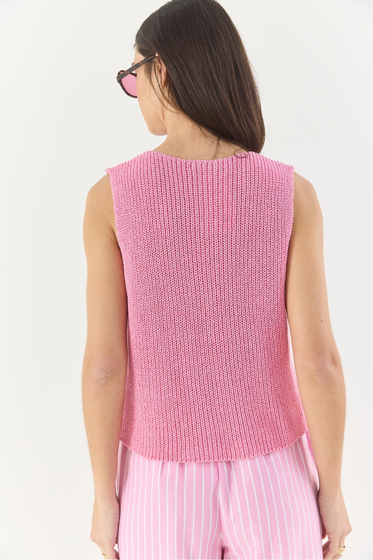 Women's Crew Neck Gold Button Detailed Zero Sleeve Knitted Vest TY251001 60283265