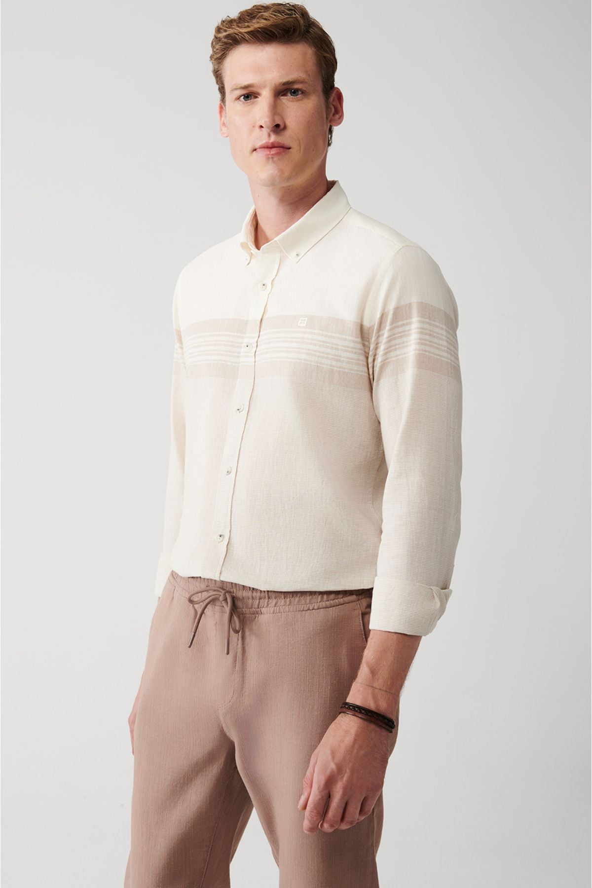 Men's beige cotton linen mixed striped shirt A31y2270