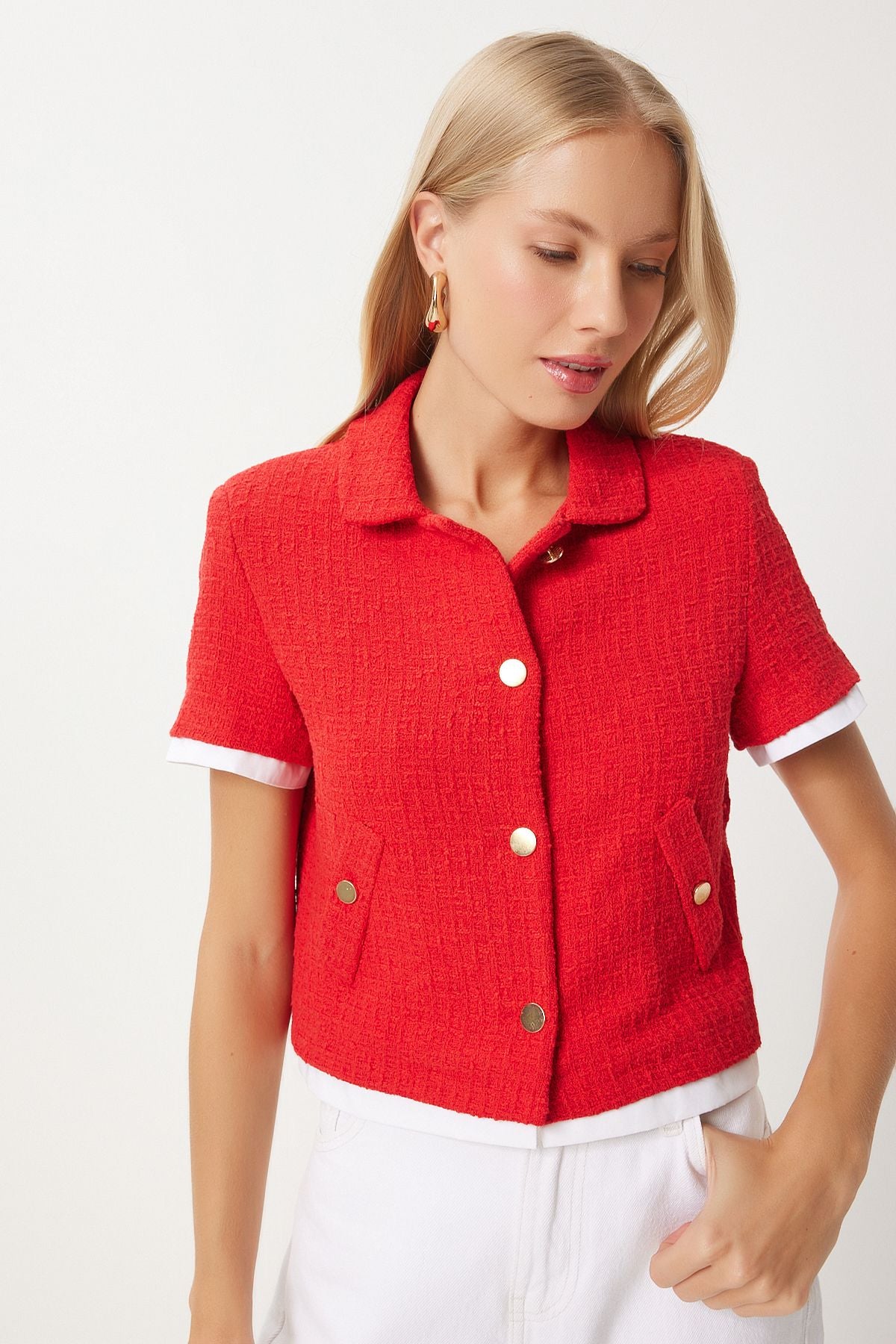 Woman Red Garni Detailed Crop Tüvit Jacket WF00088