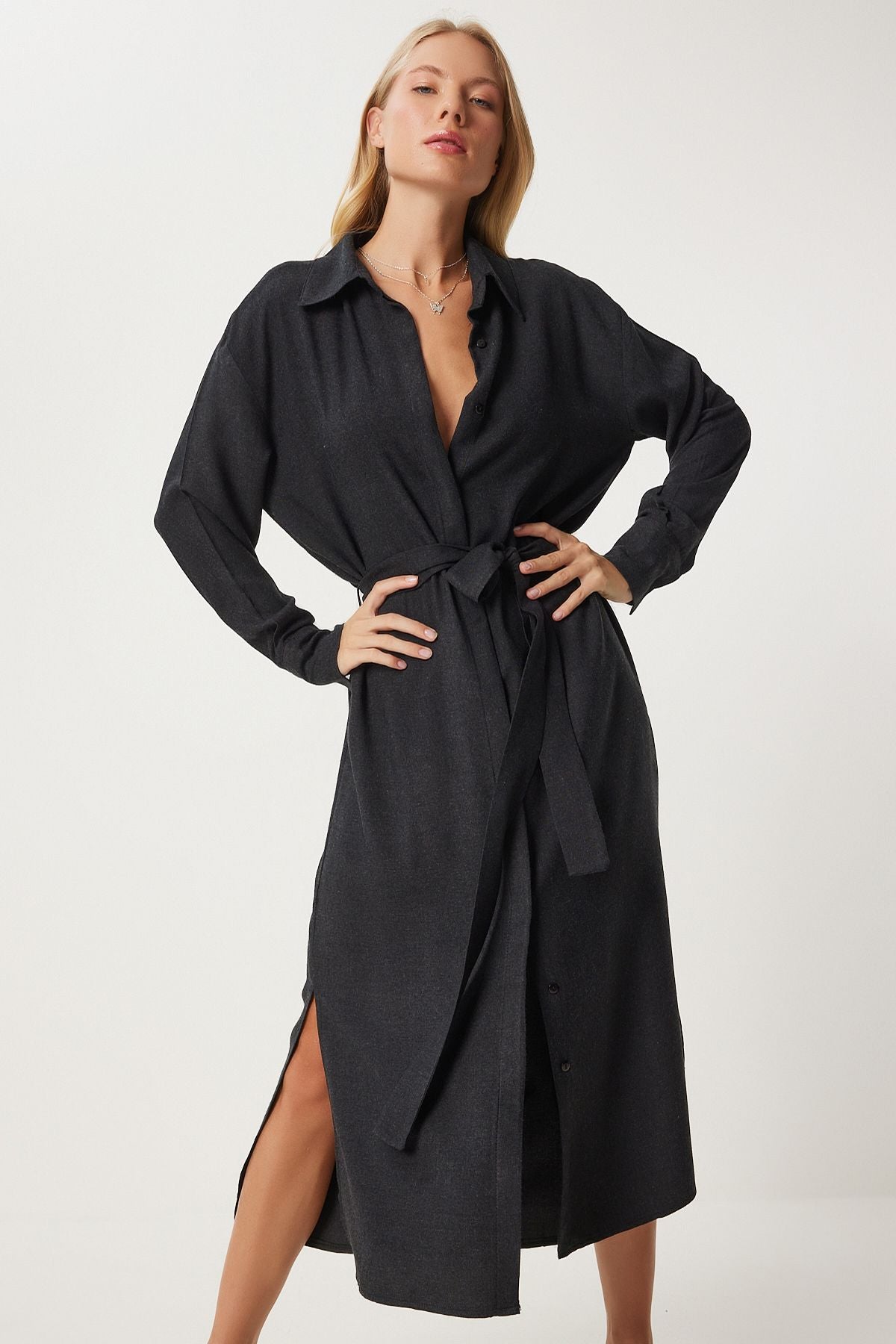 Women's black slit belt long shirt dress FN03314