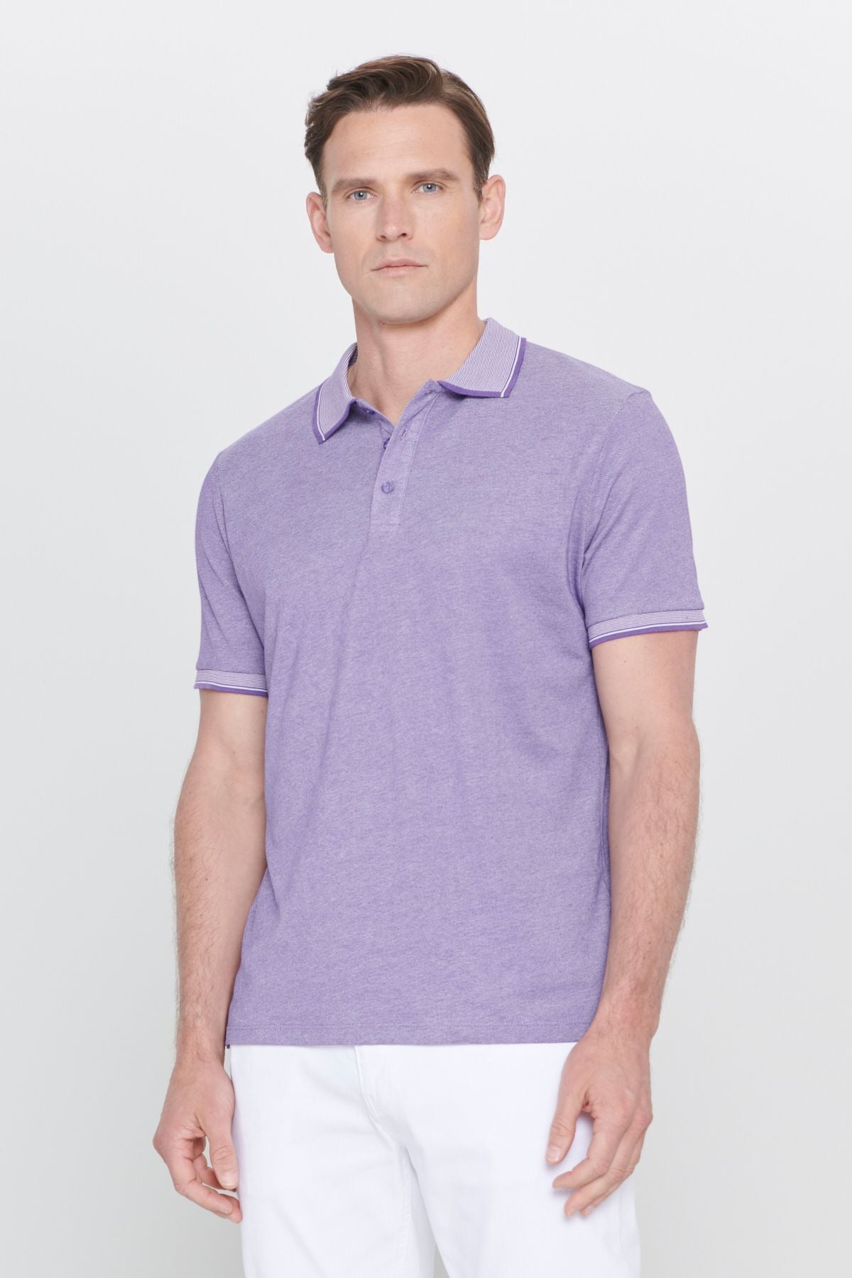 Men-Plugging Cotton Fabric Slim Fit Narrow Cut Purple-White Curlled Polo Yaka T-shirt