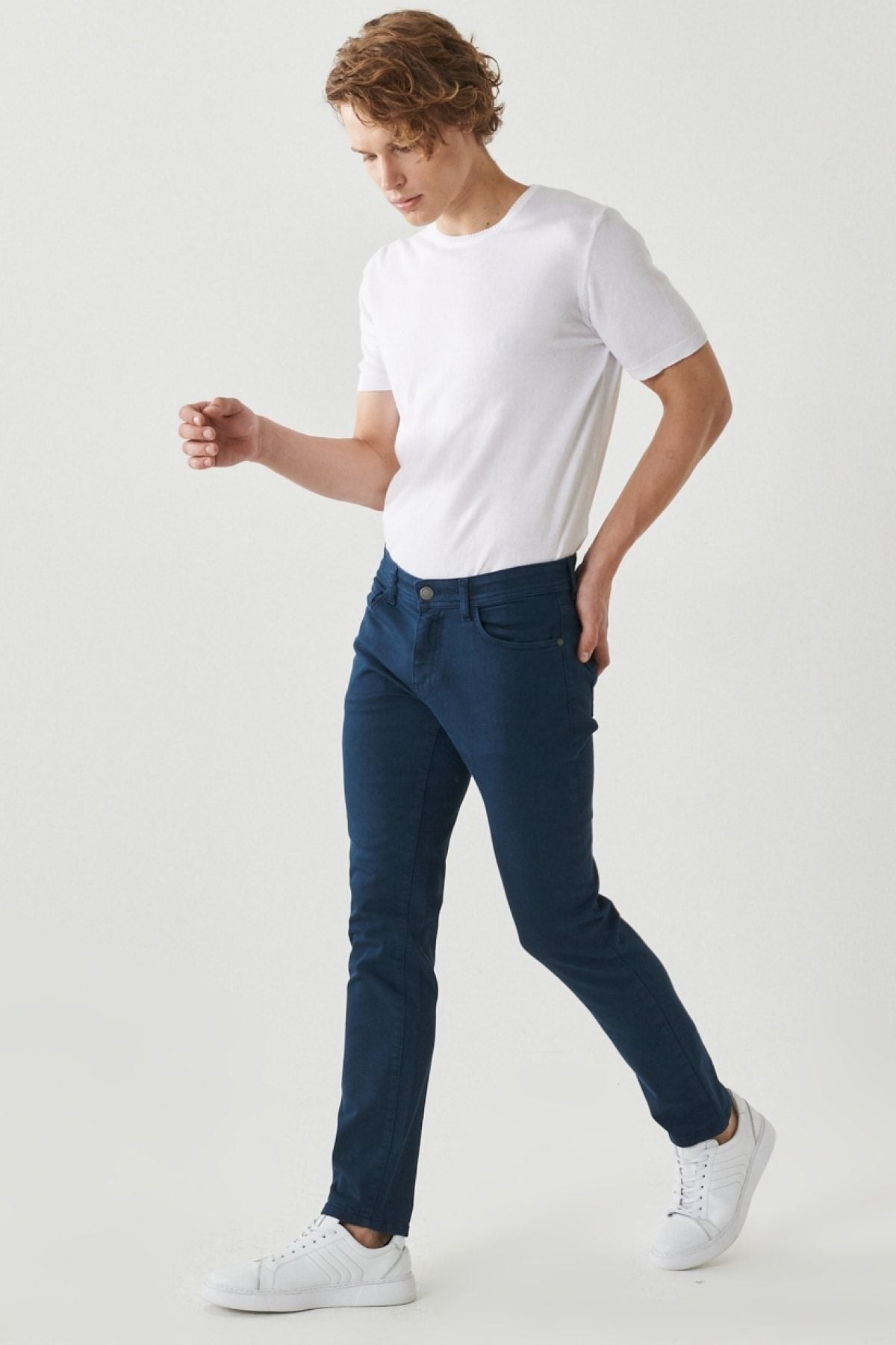 Men's navy blue 360 degrees stretching in all directions slim fit narrow cut cotton cotton pants