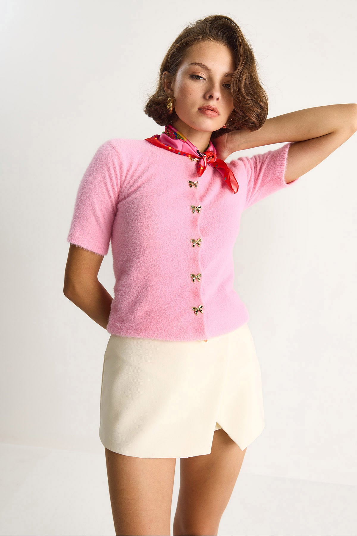 Women's Bow Button Detailed Soft Textured Knitwear Cardigan w25033 60284078