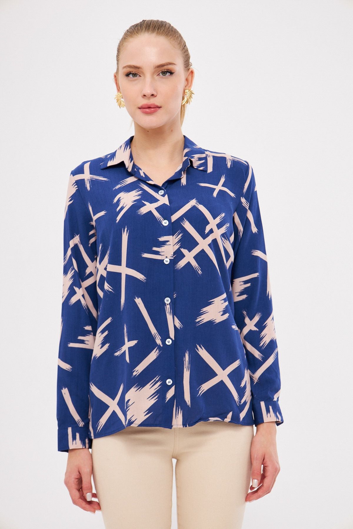 Women's Navy Blue Patterned Long Sleeve Shirt ARM-25K001040