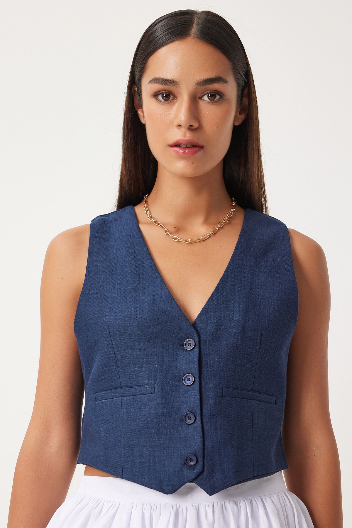 Woman Navy blue linen short vest KT00011